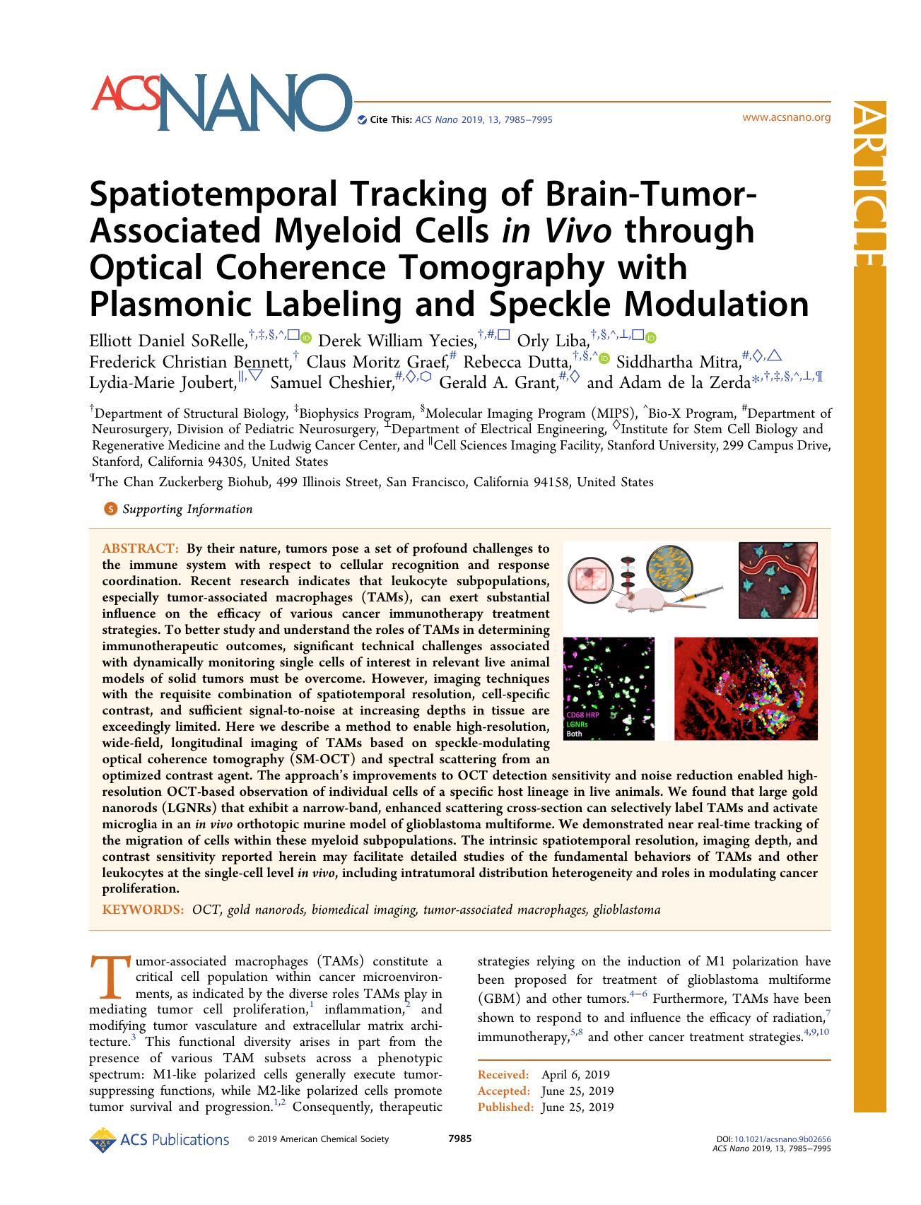 Spatiotemporal Tracking of Brain-Tumor-Associated Myeloid Cells in Vivo through Optical Coherence Tomography with Plasmonic Labeling and Speckle Modulation by unknow