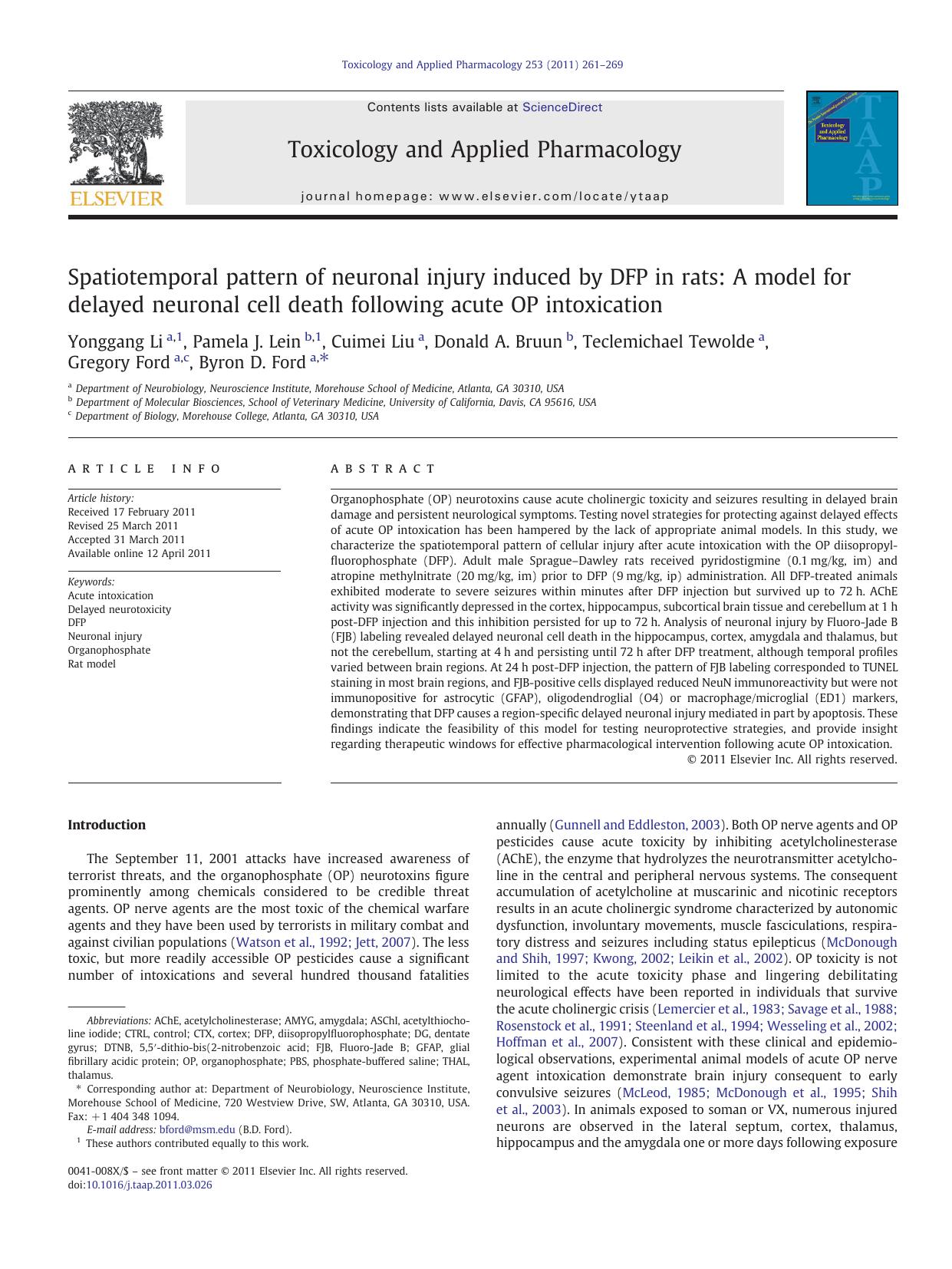 Spatiotemporal pattern of neuronal injury induced by DFP in rats: A model for delayed neuronal cell death following acute OP intoxication by Yonggang Li