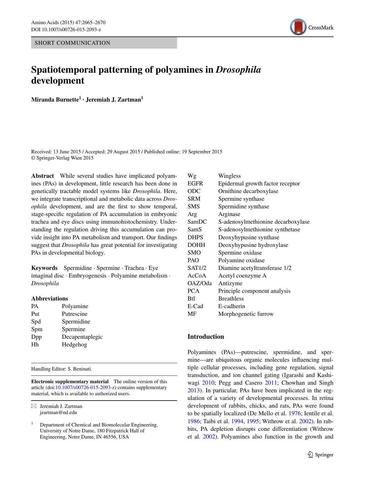 Spatiotemporal patterning of polyamines in Drosophila development by Miranda Burnette & Jeremiah J. Zartman