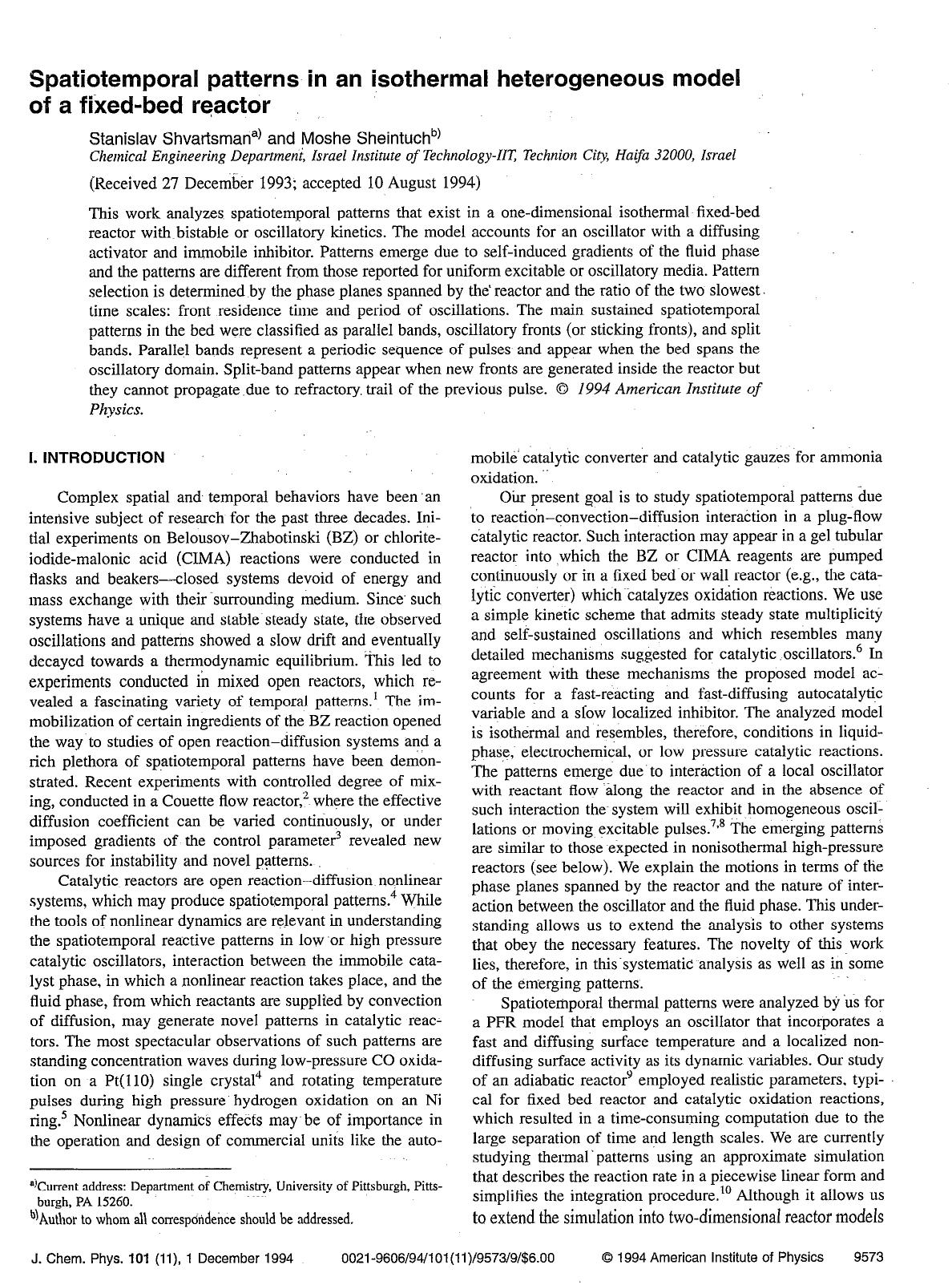 Spatiotemporal patterns in an isothermal heterogeneous model of a fixed-bed reactor by Stanislav Shvartsman; Moshe Sheintuch