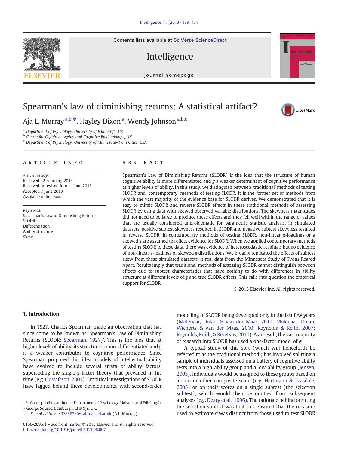 Spearman's law of diminishing returns: A statistical artifact? by Aja L. Murray & Hayley Dixon & Wendy Johnson