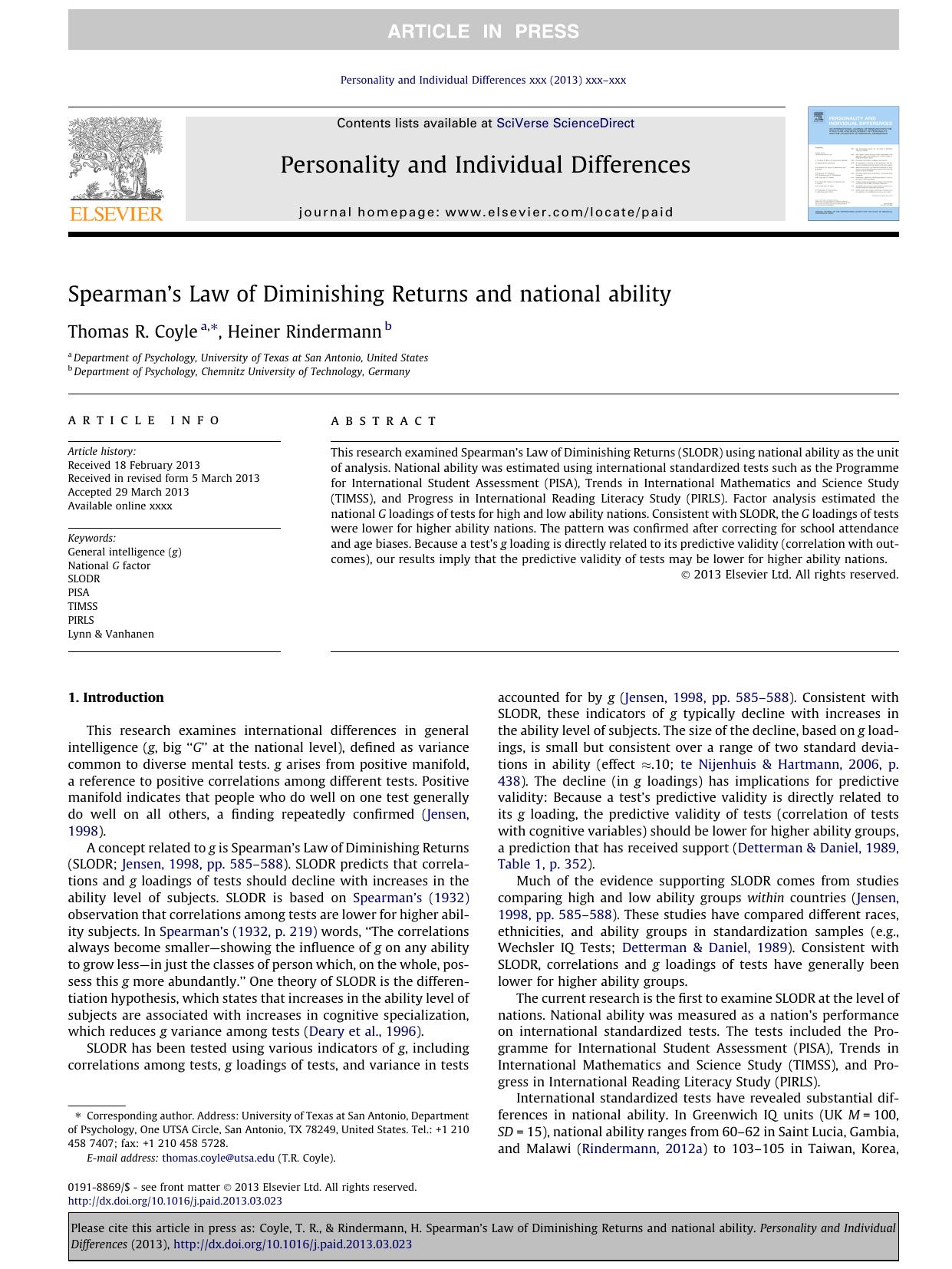 SpearmanÃ¢â¬â¢s Law of Diminishing Returns and national ability by Thomas R. Coyle & Heiner Rindermann
