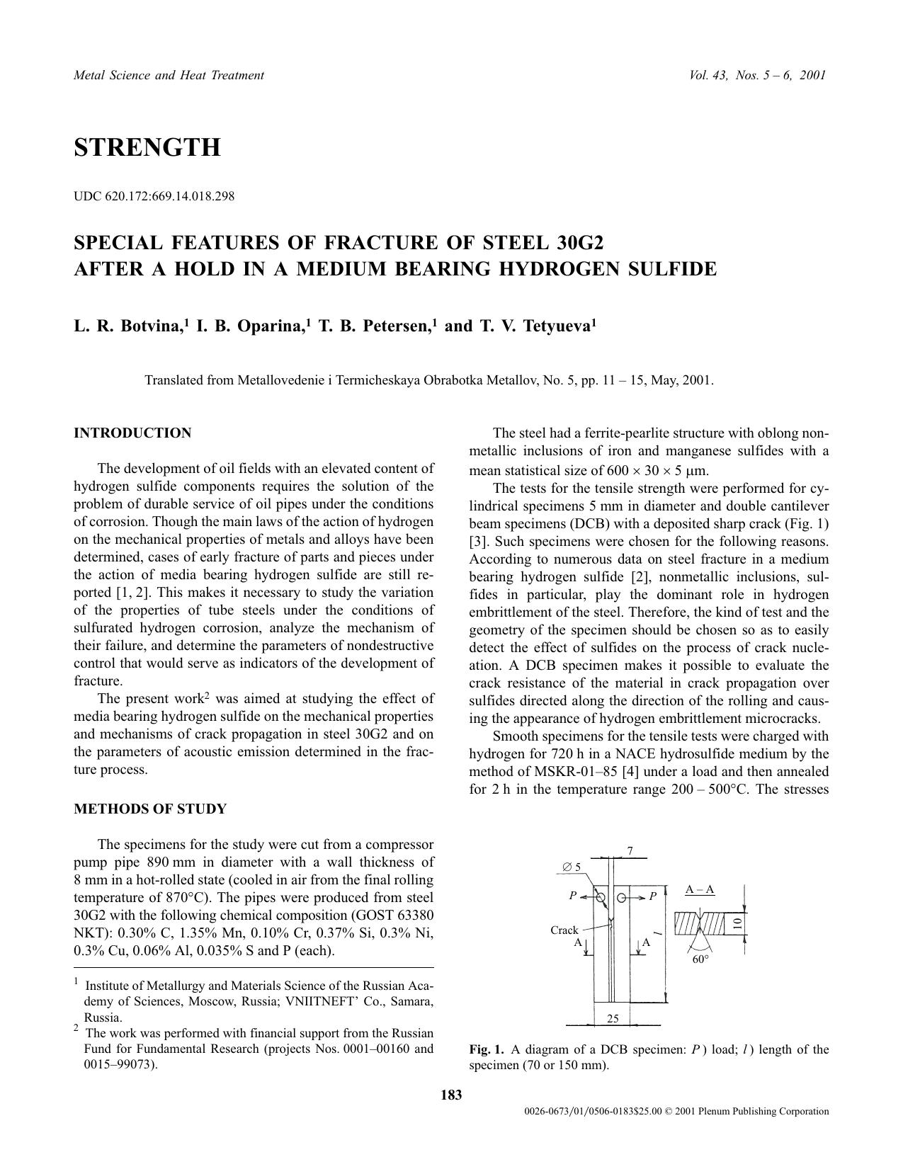 Special Features of Fracture of Steel 30G2 After a Hold in a Medium Bearing Hydrogen Sulfide by Unknown