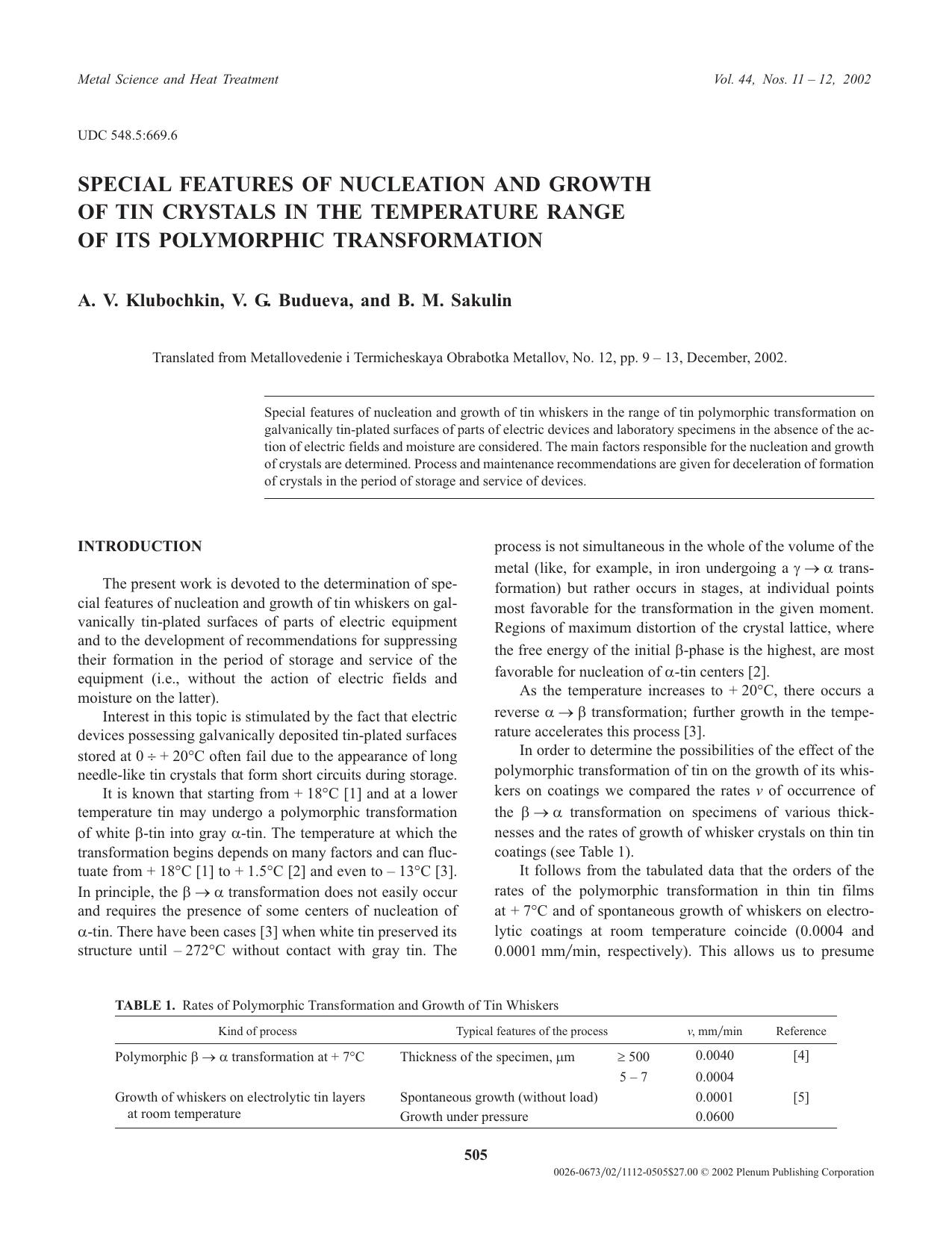Special Features of Nucleation and Growth of Tin Crystals in the Temperature Range of Its Polymorphic Transformation by Unknown