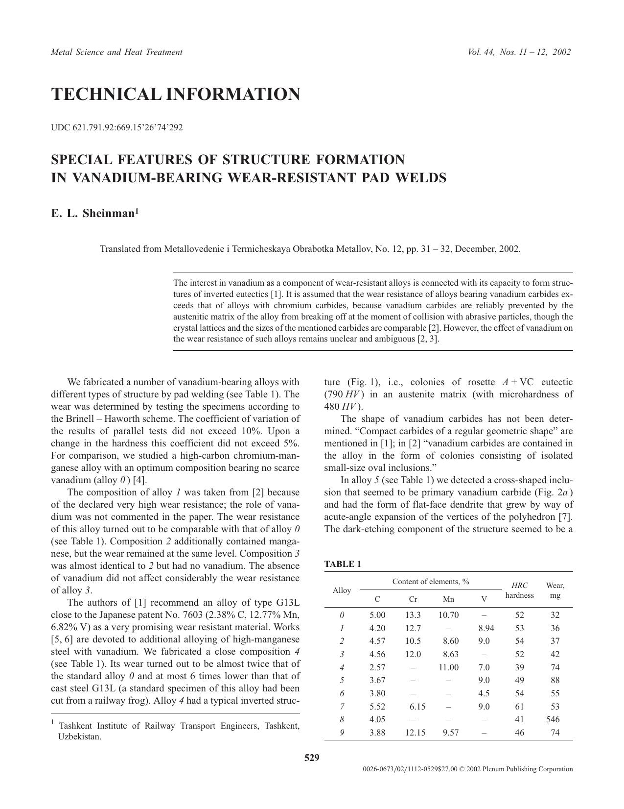 Special Features of Structure Formation in Vanadium-Bearing Wear-Resistant Pad Welds by Unknown