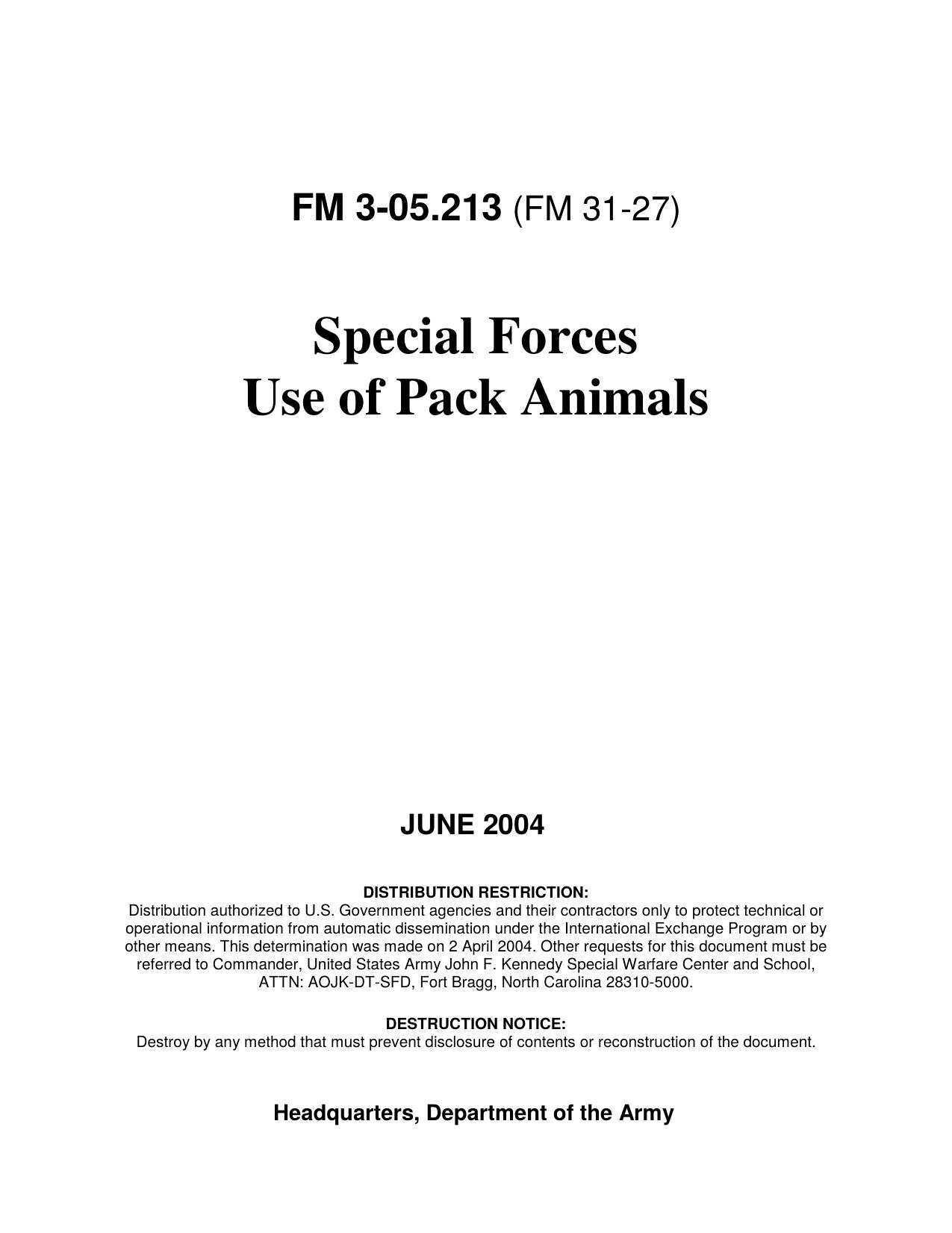 Special Forces Use of Pack Animals by FM 3-05.213