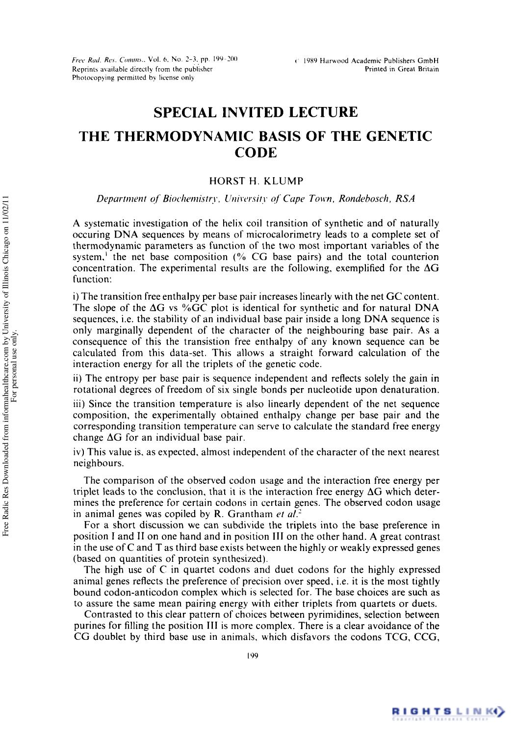 Special Invited Lecture the Thermodynamic Basis of the Genetic Code by Horst H. Klump