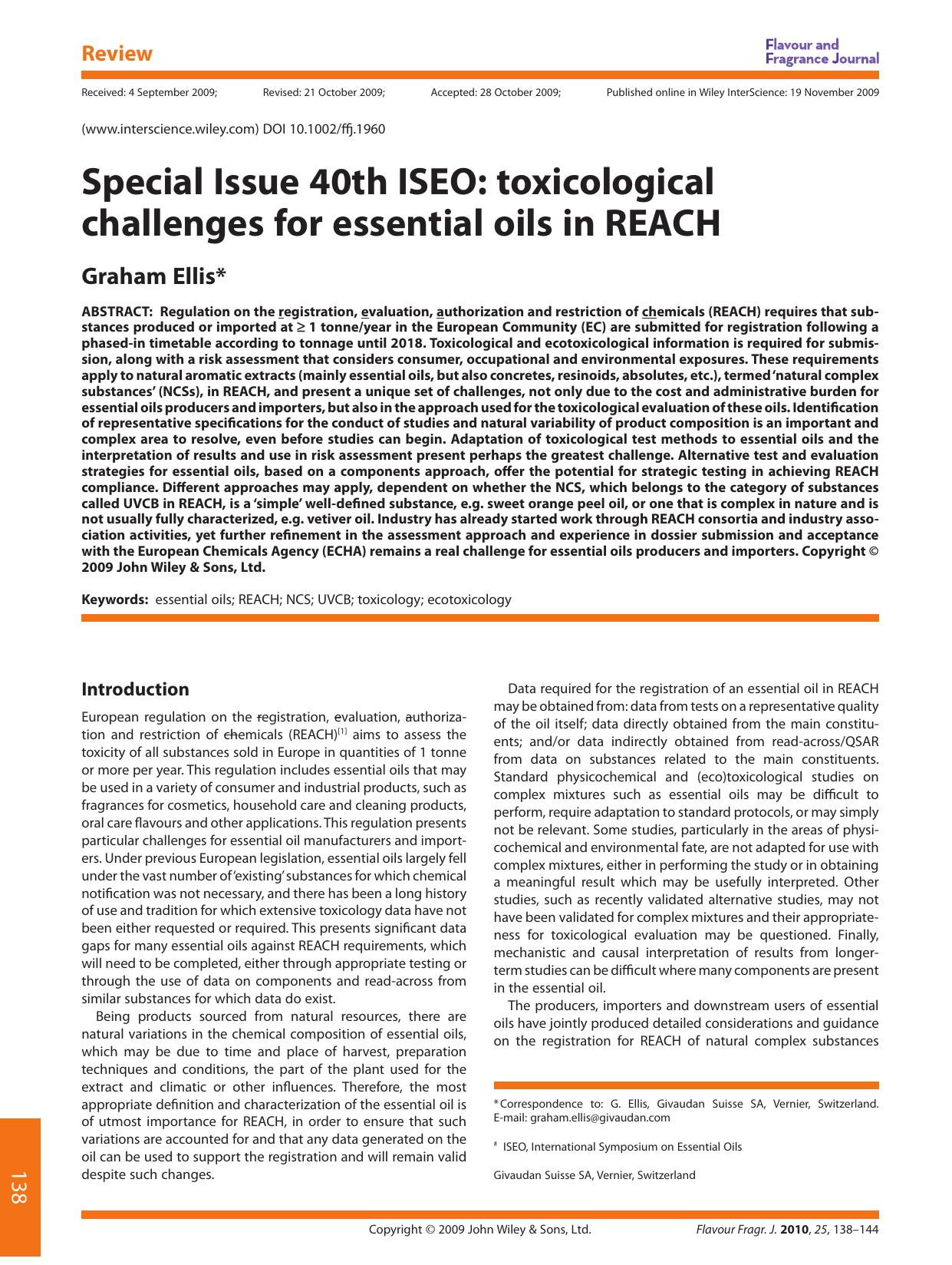 Special Issue 40th ISEO: toxicological challenges for essential oils in REACH by owen