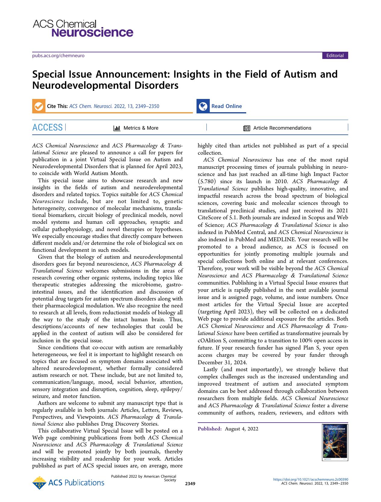 Special Issue Announcement: Insights in the Field of Autism and Neurodevelopmental Disorders by unknow