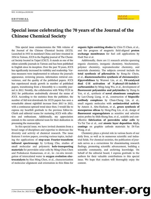 Special Issue Celebrating the 70 Years of the Journal of the Chinese Chemical Society by Unknown