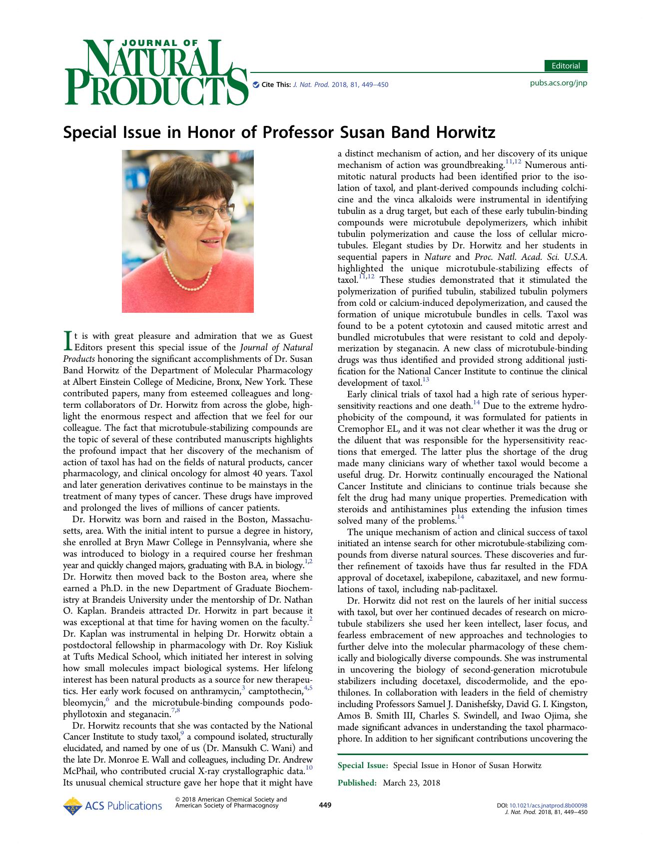 Special Issue in Honor of Professor Susan Band Horwitz by Susan L. Mooberry David G. I. Kingston Amos B. Smith III Steven M. Swanson & Mansukh C. Wani