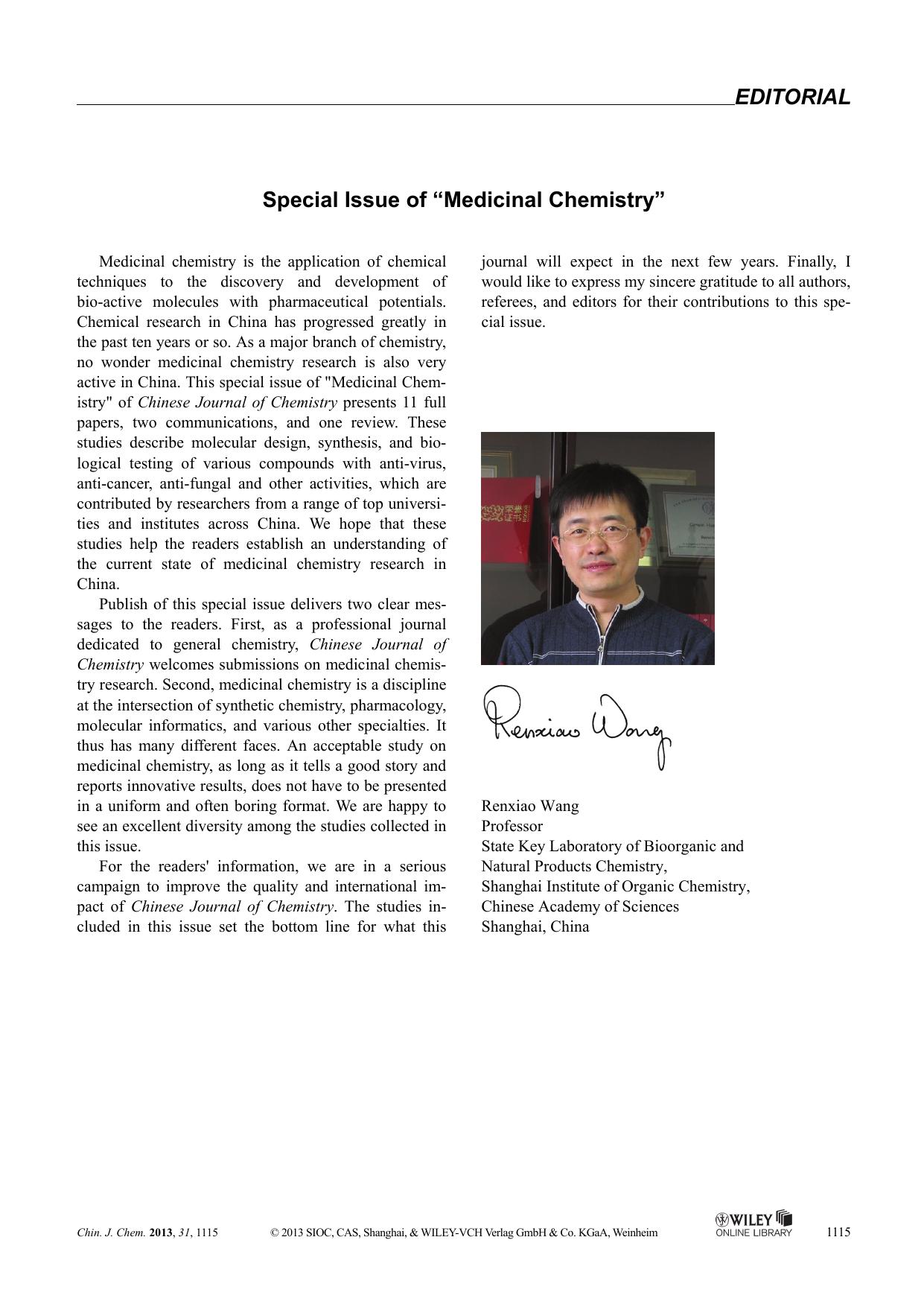Special Issue of "Medicinal Chemistry by Administrator
