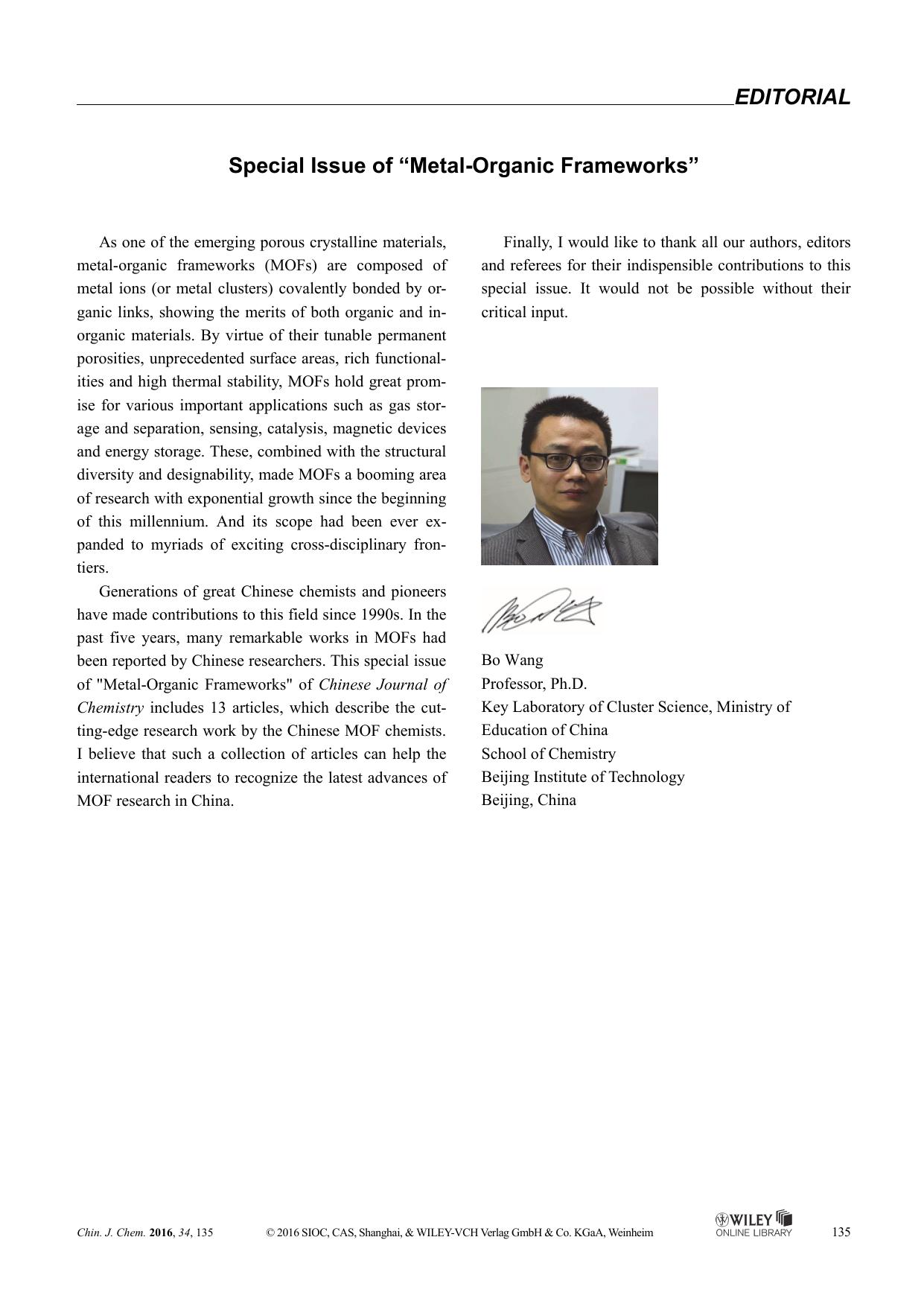 Special Issue of "MetalOrganic Frameworks by lenovo