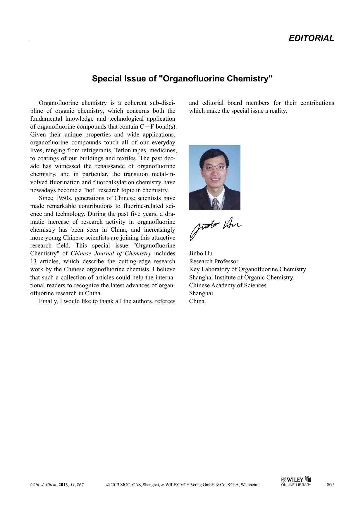 Special Issue of "Organofluorine Chemistry by Administrator