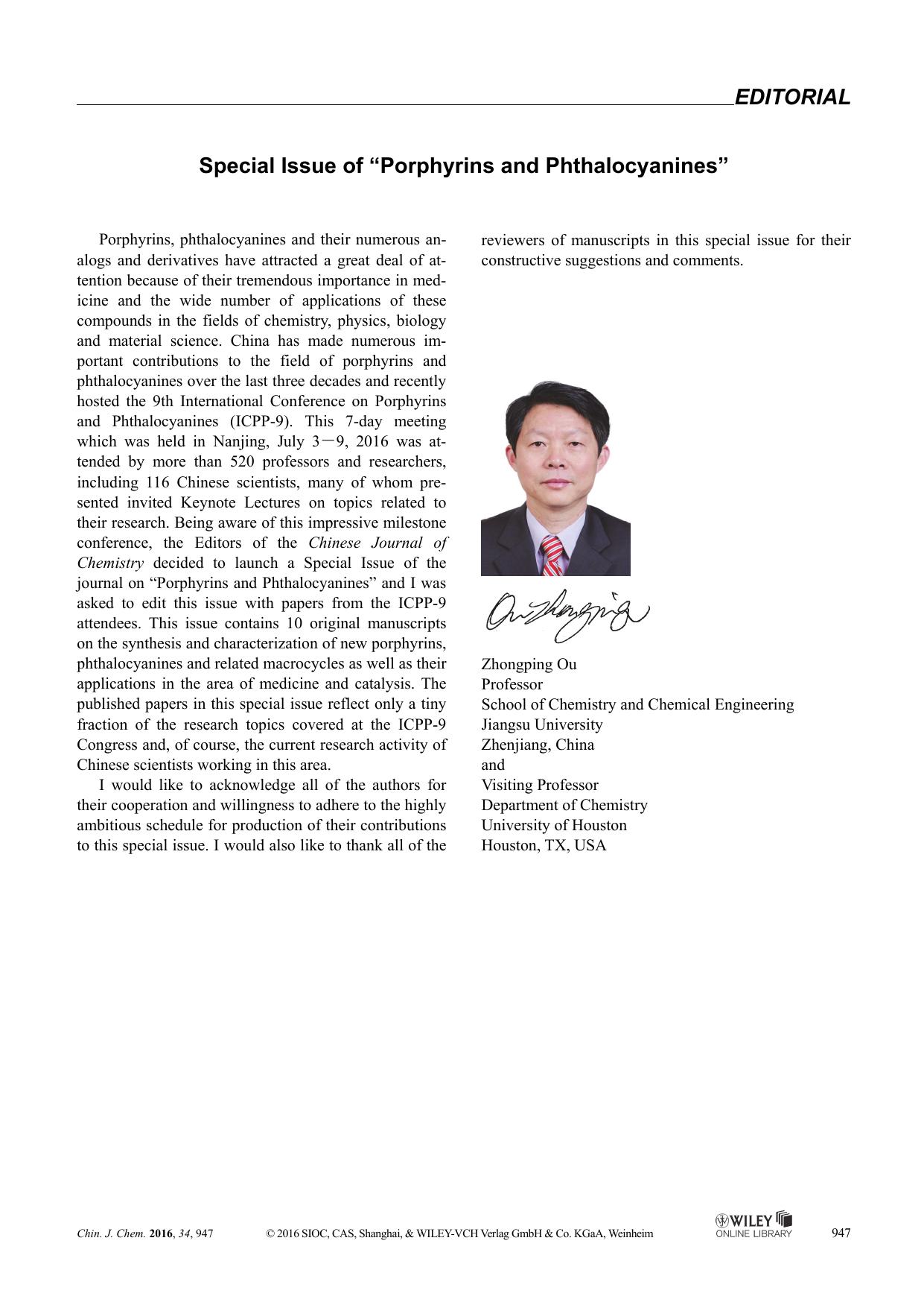 Special Issue of "Porphyrins and Phthalocyanines by lenovo