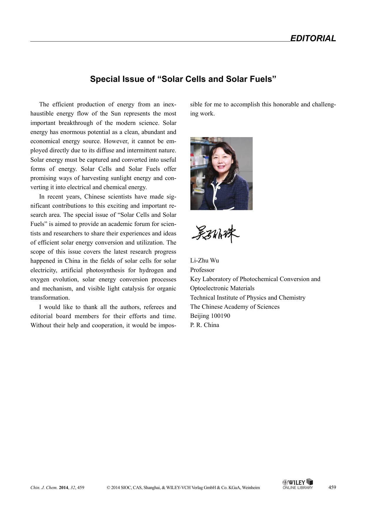 Special Issue of "Solar Cells and Solar Fuels by Administrator