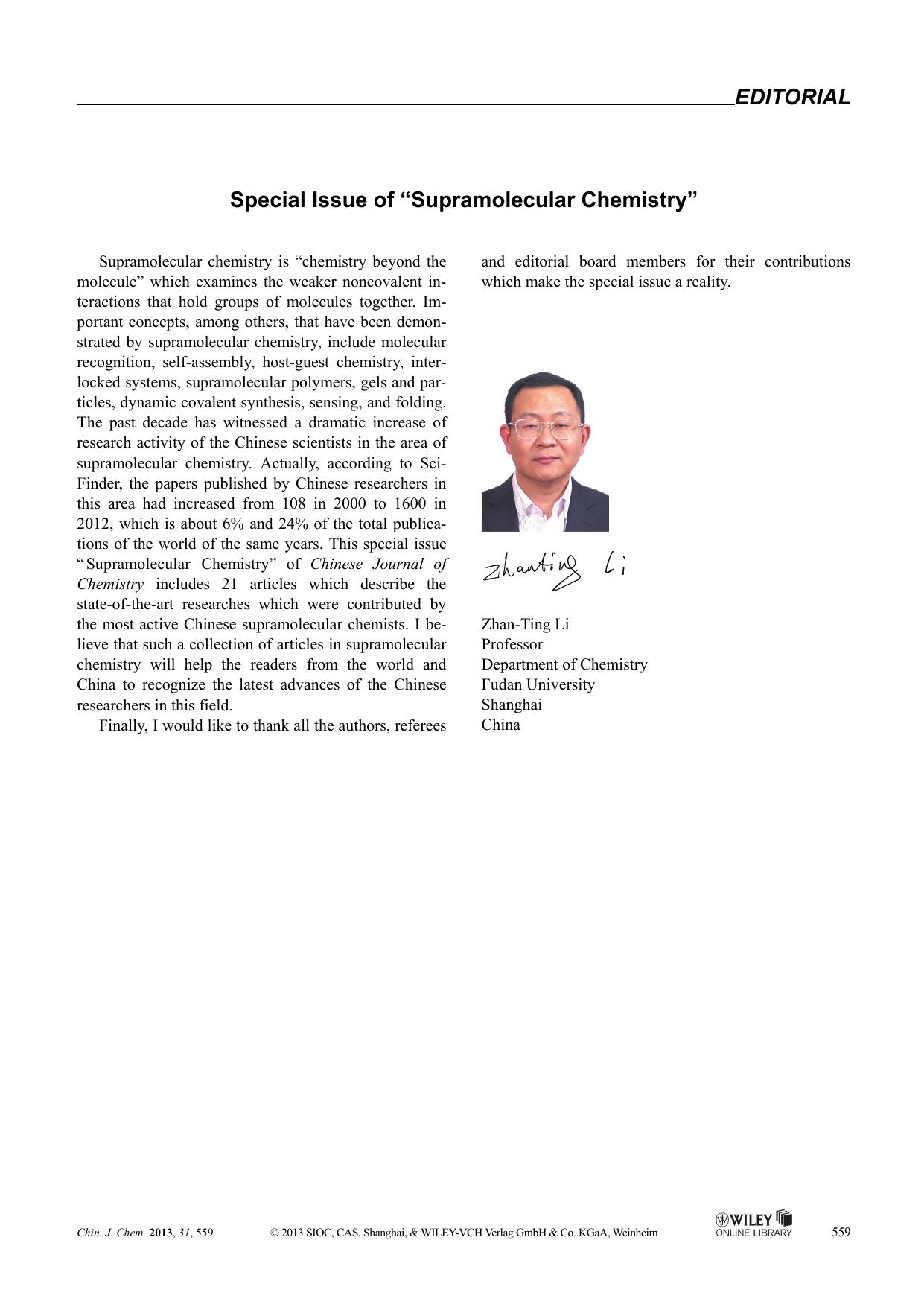 Special Issue of "Supramolecular Chemistry by Administrator