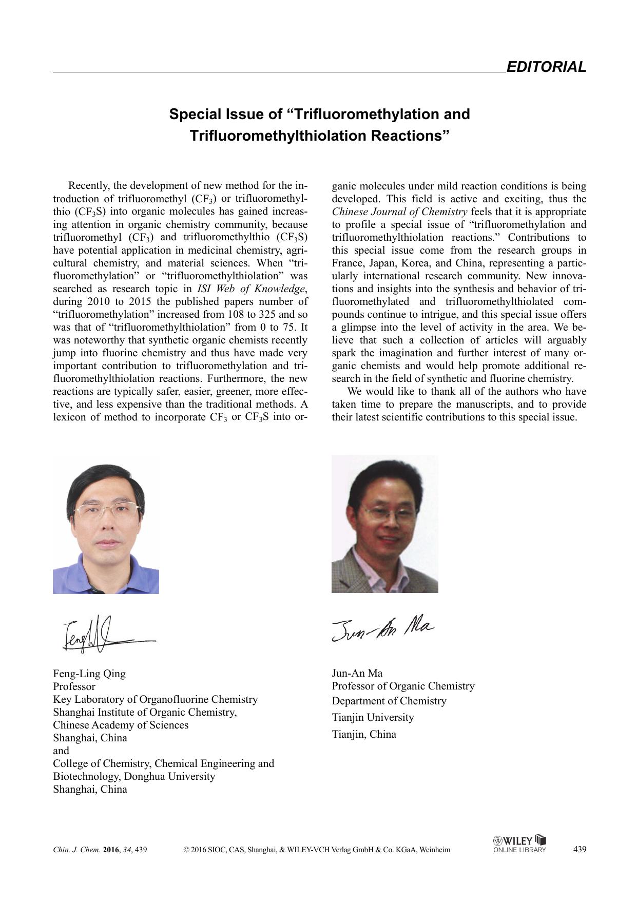 Special Issue of "Trifluoromethylation and Trifluoromethylthiolation Reactions by lenovo