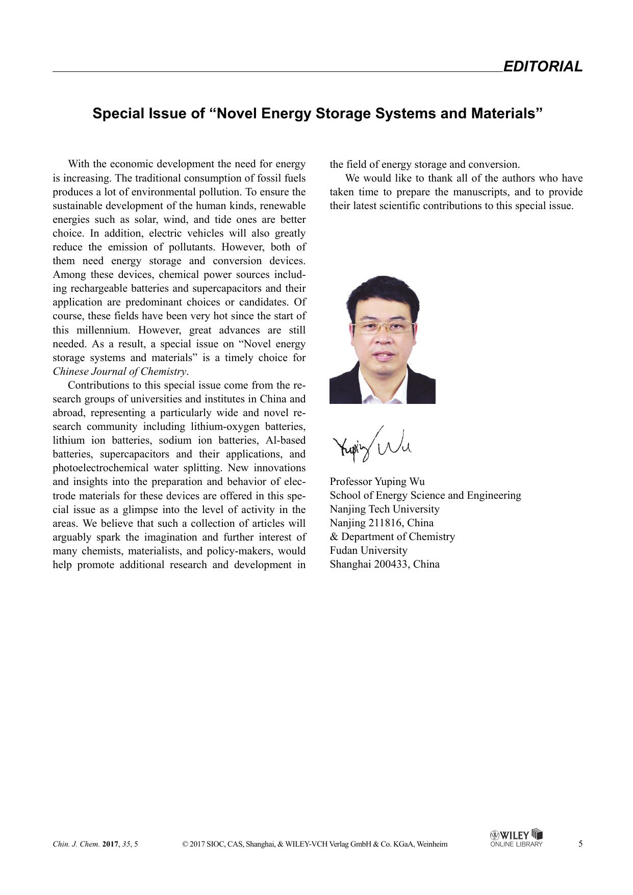 Special Issue of âNovel Energy Storage Systems and Materialsâ: by Administrator