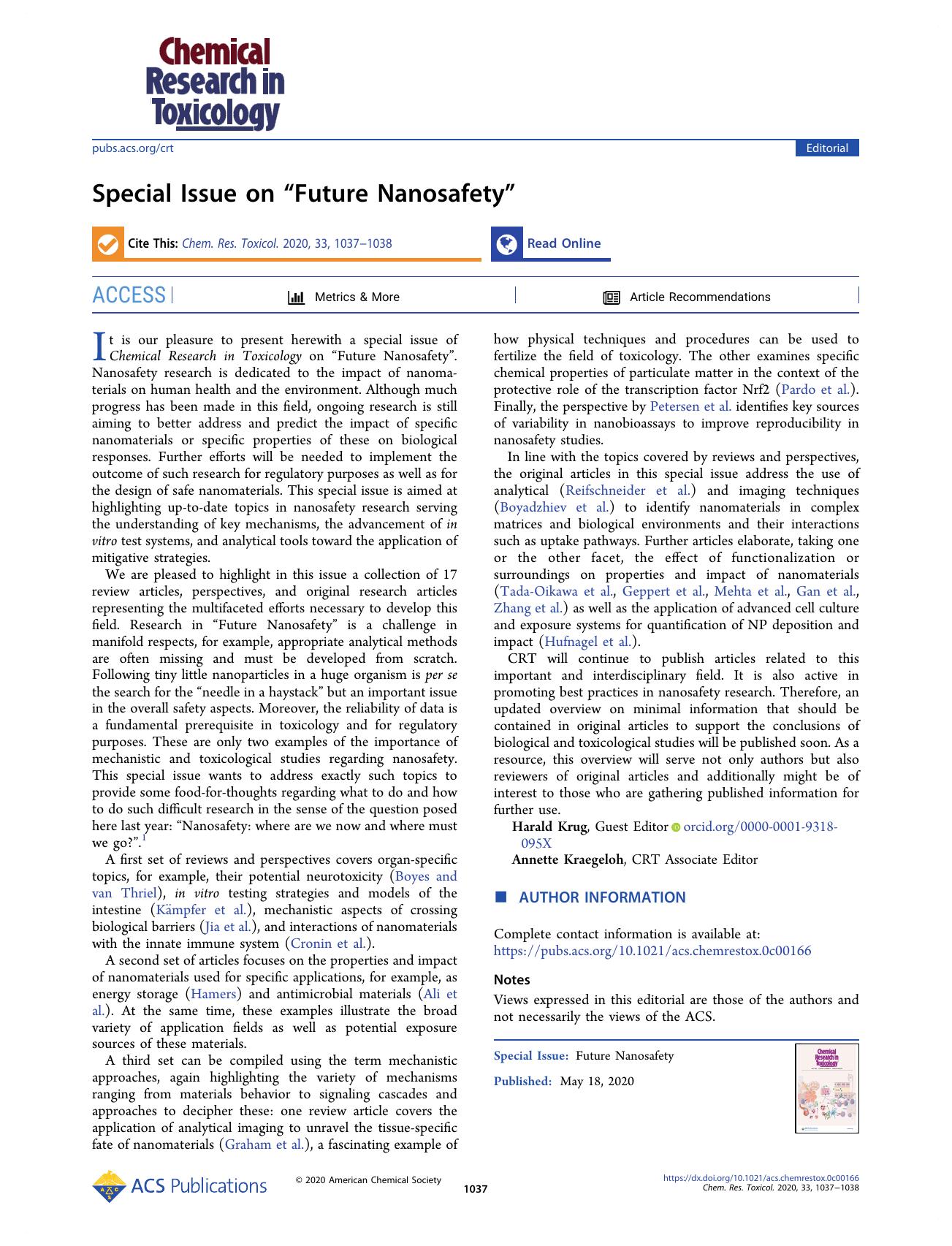 Special Issue on âFuture Nanosafetyâ by Harald Krug and Annette Kraegeloh