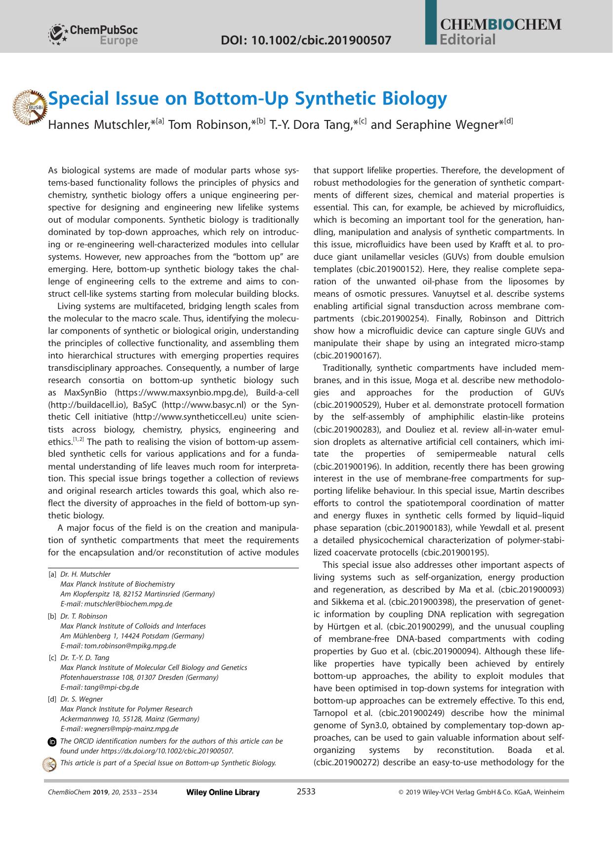 Special Issue on BottomâUp Synthetic Biology by Unknown