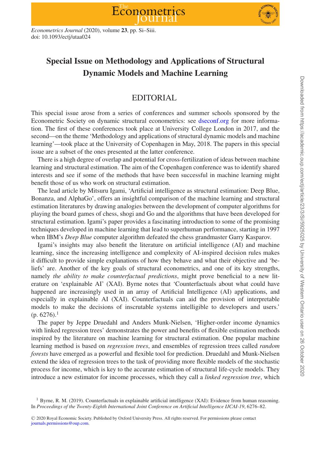 Special Issue on Methodology and Applications of Structural Dynamic Models and Machine Learning EDITORIAL by Fedor Iskhakov & John Rust & Bertel Schjerning