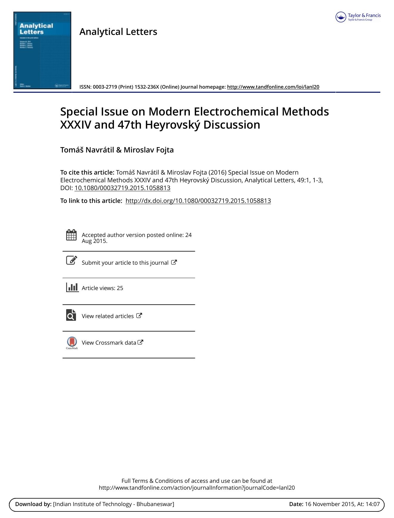 Special Issue on Modern Electrochemical Methods XXXIV and 47th HeyrovskÃ½ Discussion by Tomáš Navrátil