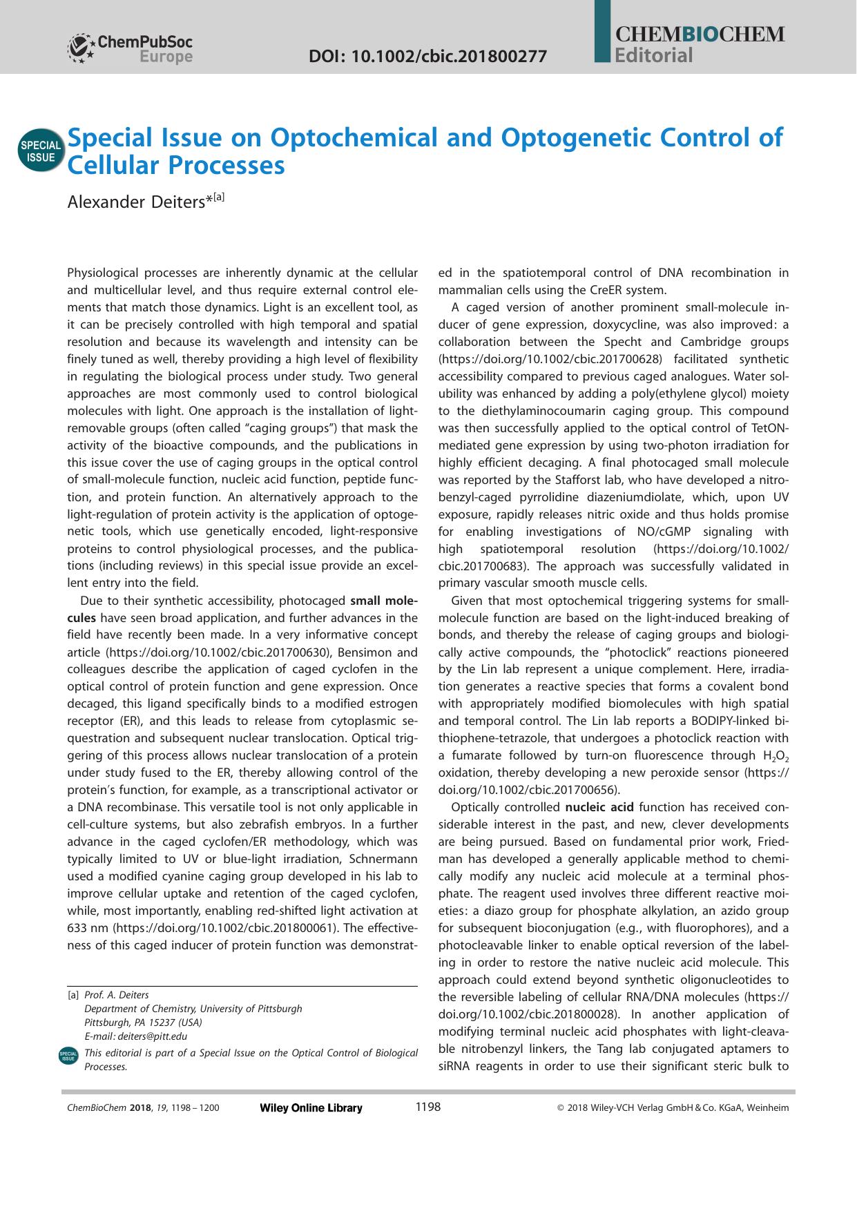 Special Issue on Optochemical and Optogenetic Control of Cellular Processes by Unknown