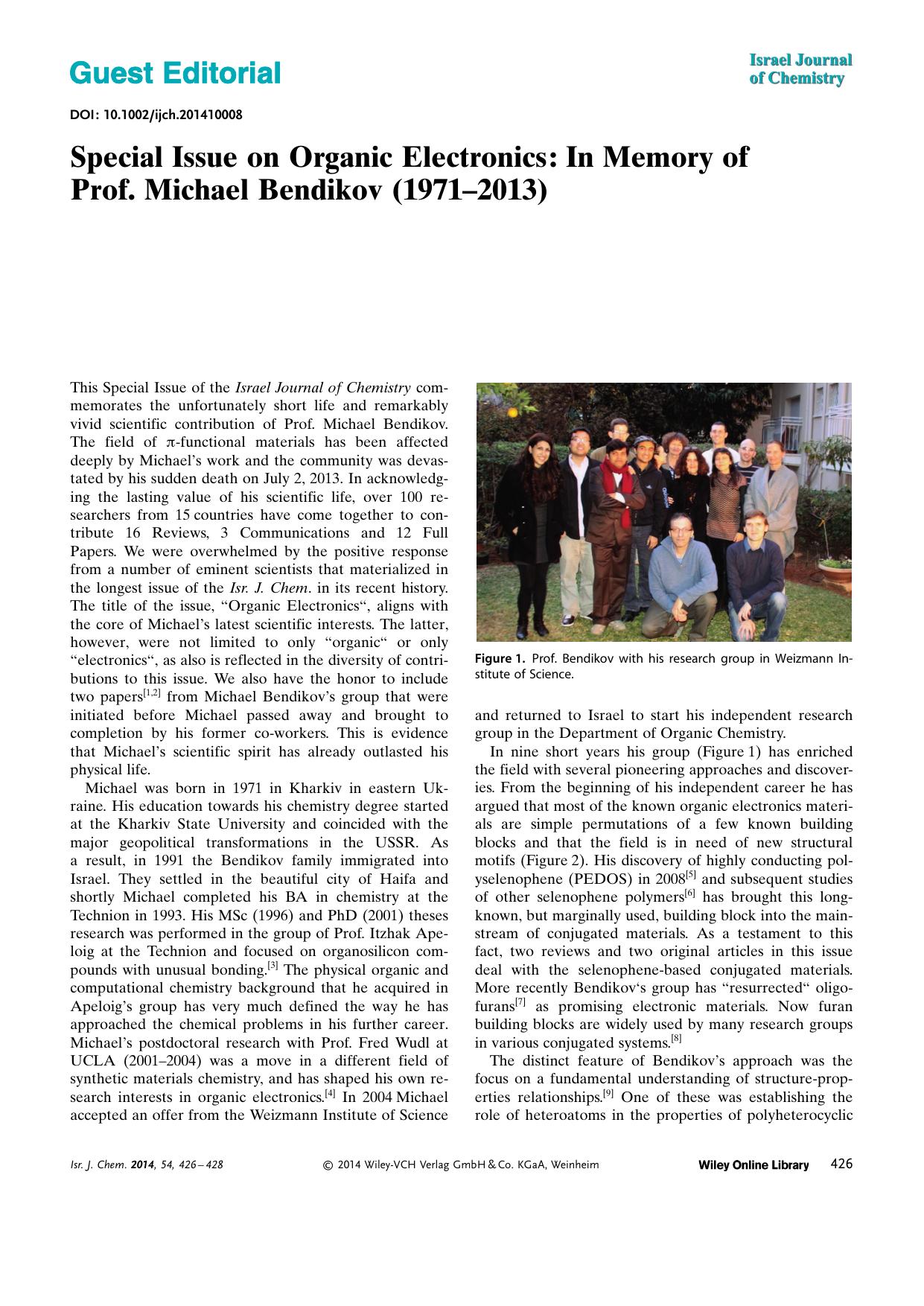 Special Issue on Organic Electronics: In Memory of Prof. Michael Bendikov (19712013) by Unknown