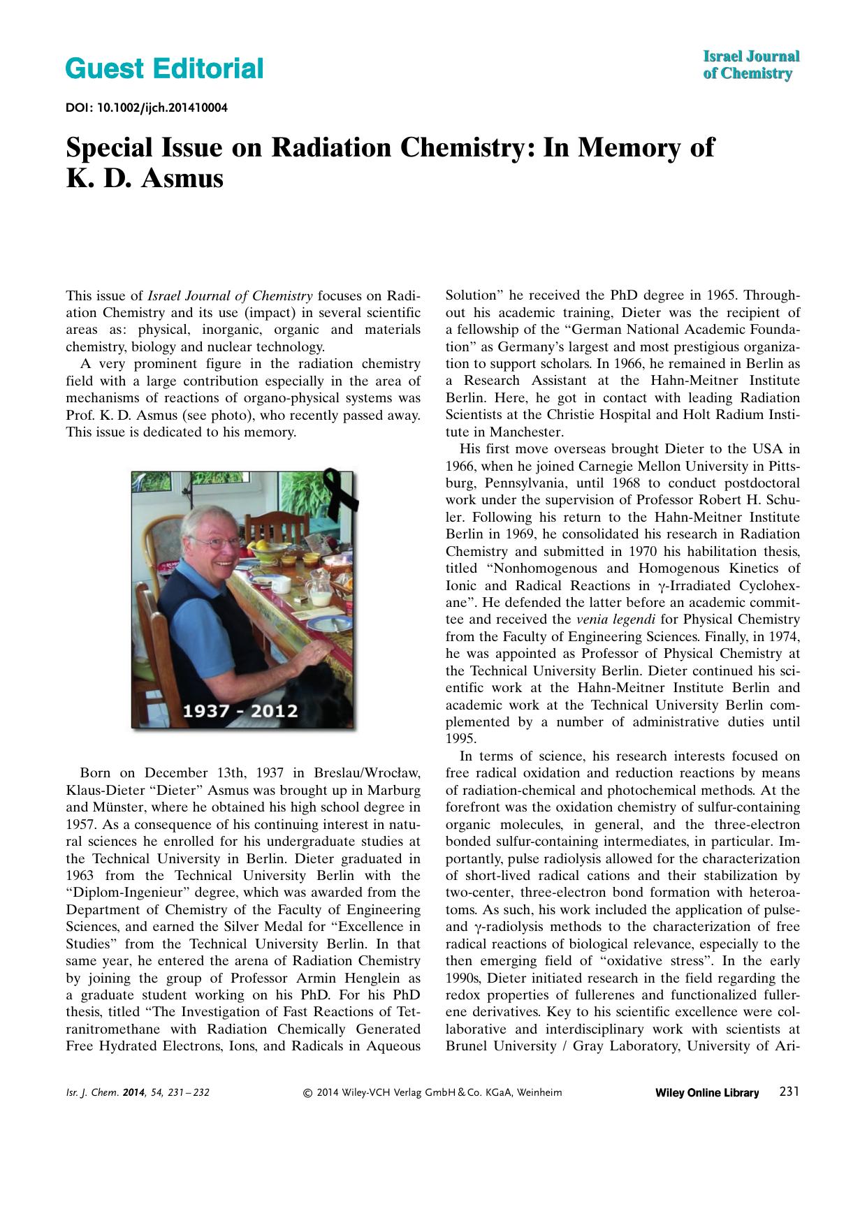 Special Issue on Radiation Chemistry: In Memory of K. D. Asmus by Unknown