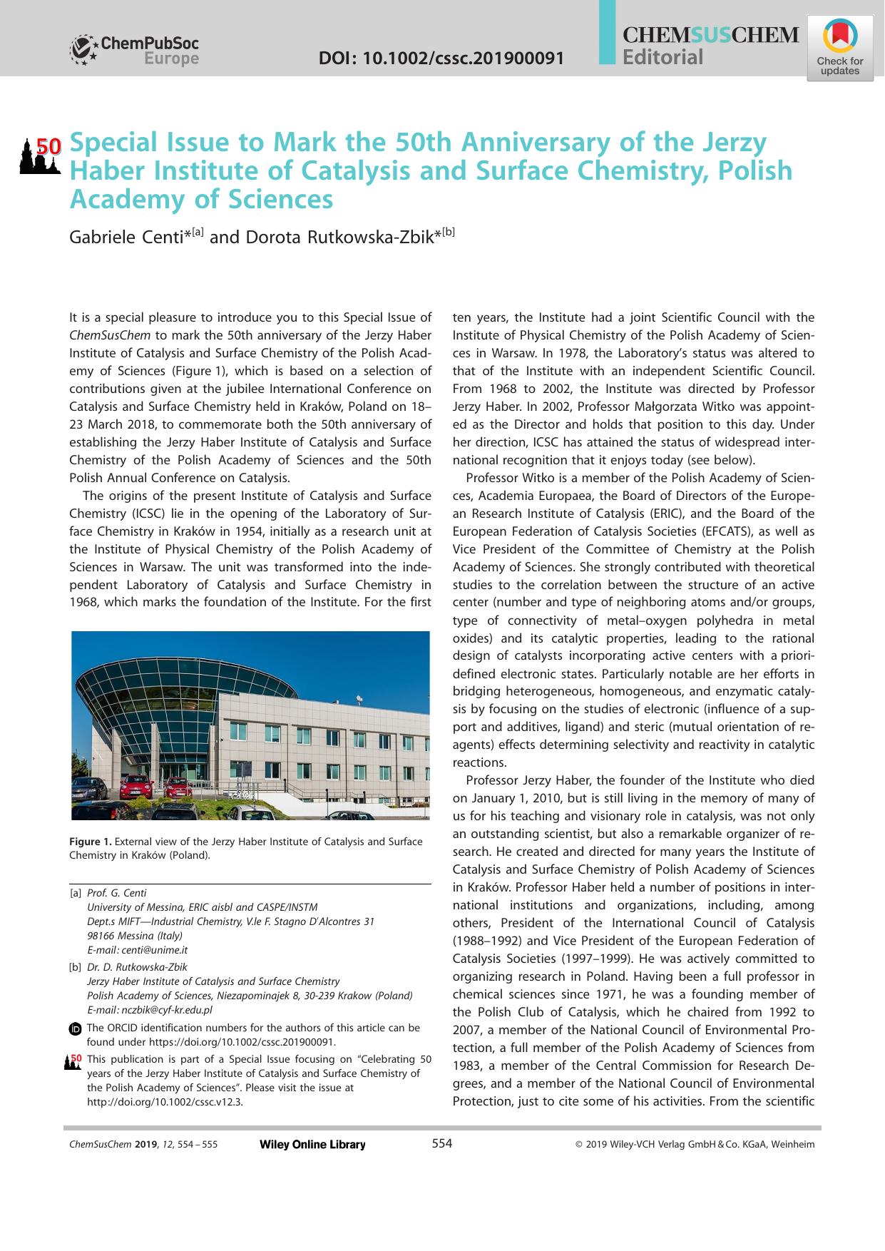 Special Issue to Mark the 50th Anniversary of the Jerzy Haber Institute of Catalysis and Surface Chemistry, Polish Academy of Sciences by Unknown