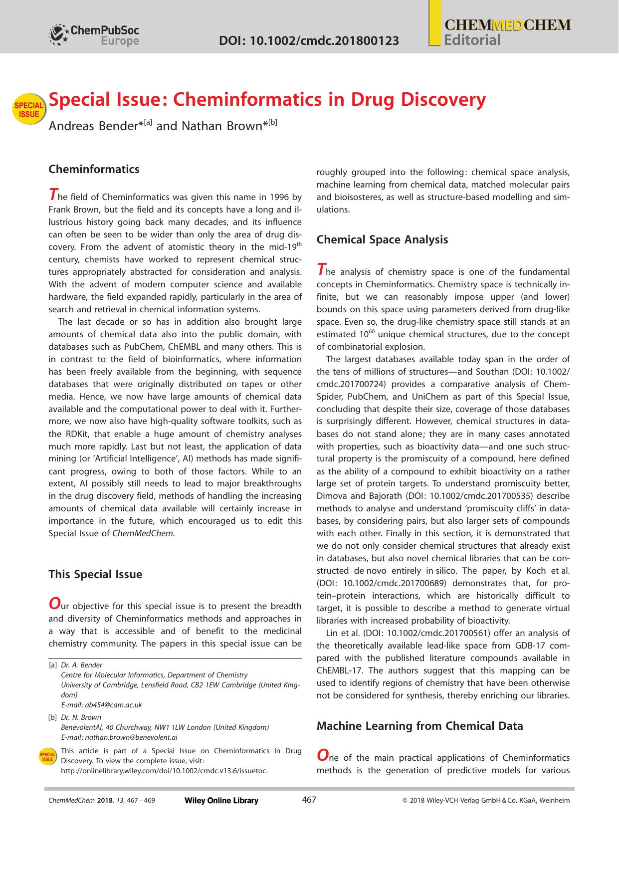Special Issue: Cheminformatics in Drug Discovery by Unknown