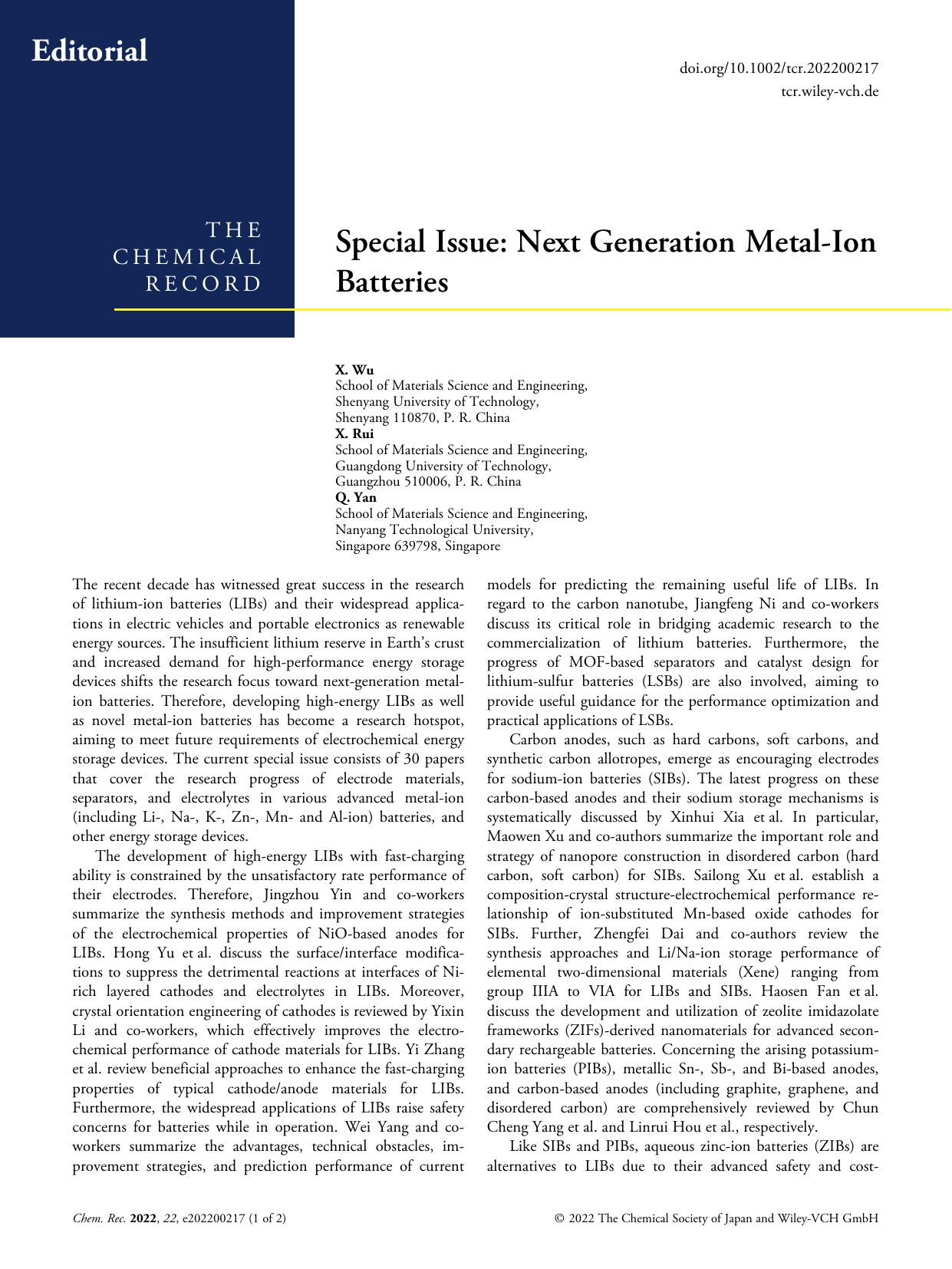 Special Issue: Next Generation MetalâIon Batteries by Unknown