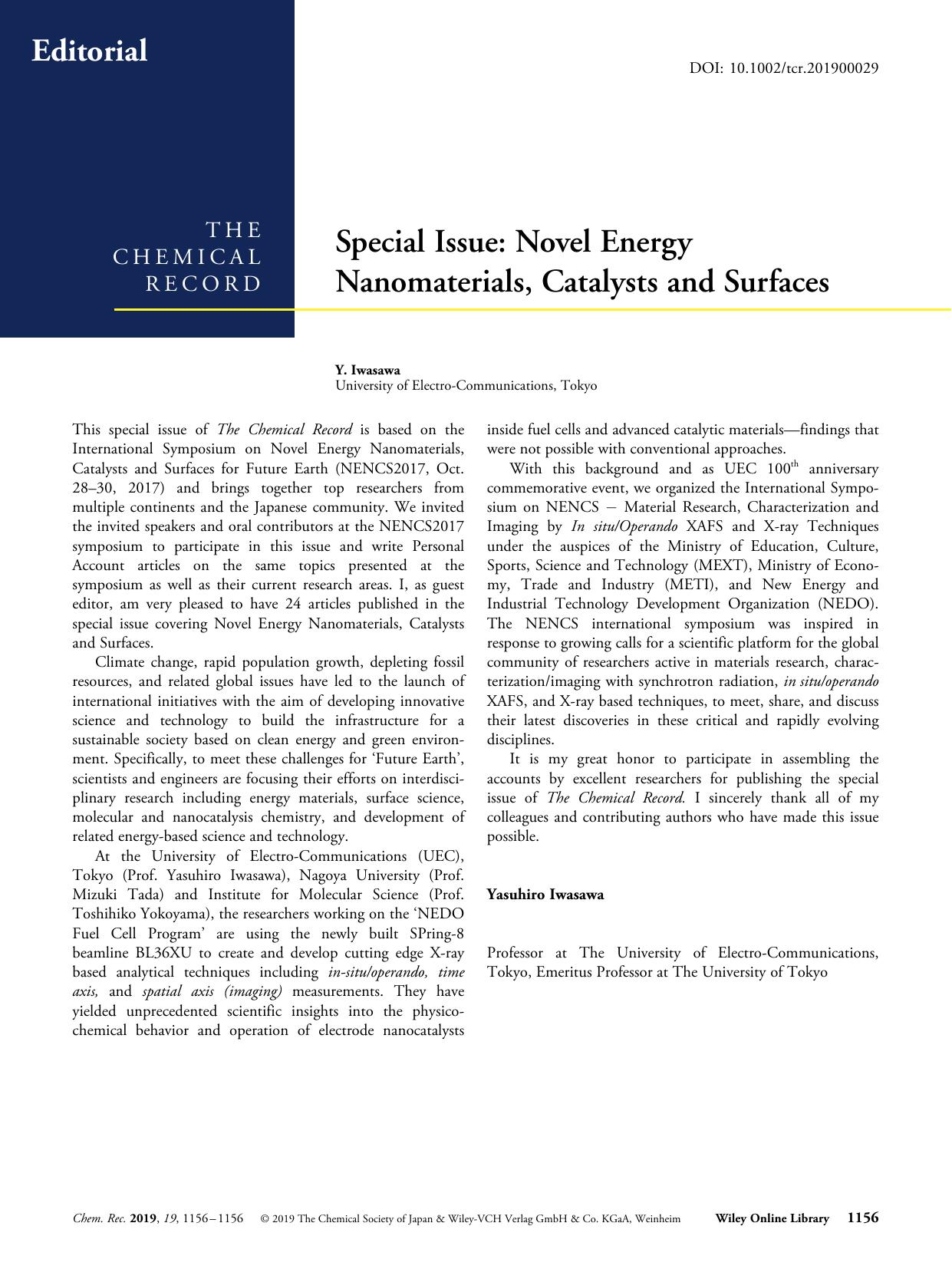 Special Issue: Novel Energy Nanomaterials, Catalysts and Surfaces by Unknown