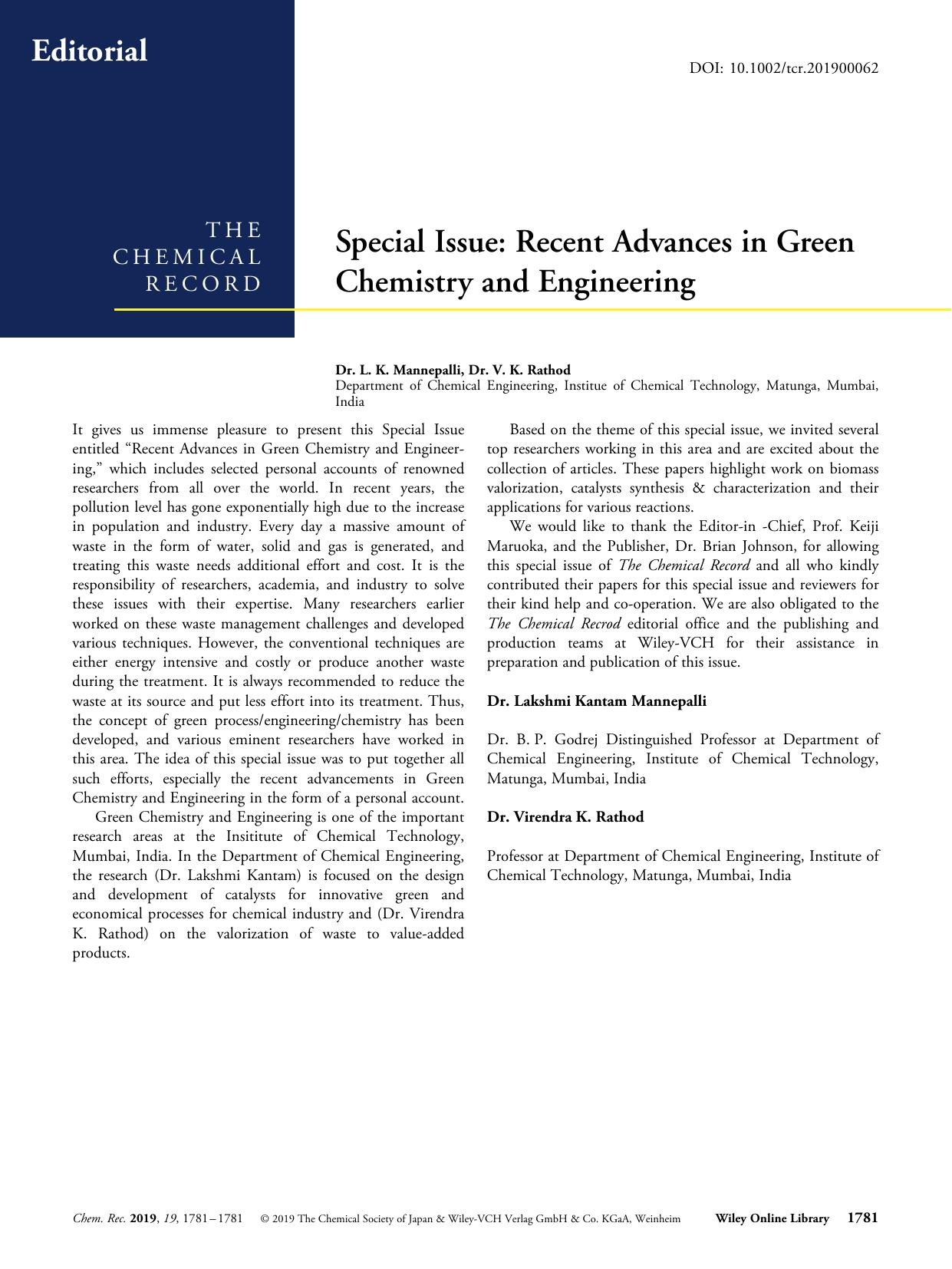 Special Issue: Recent Advances in Green Chemistry and Engineering by Unknown