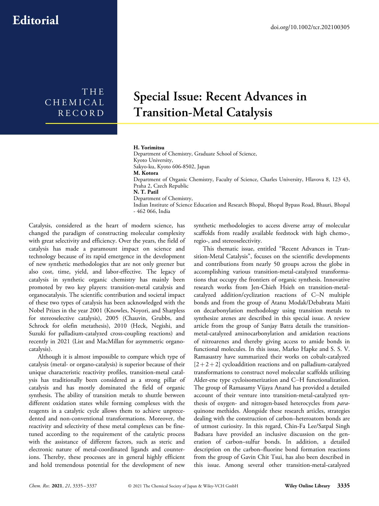 Special Issue: Recent Advances in TransitionâMetal Catalysis by Unknown