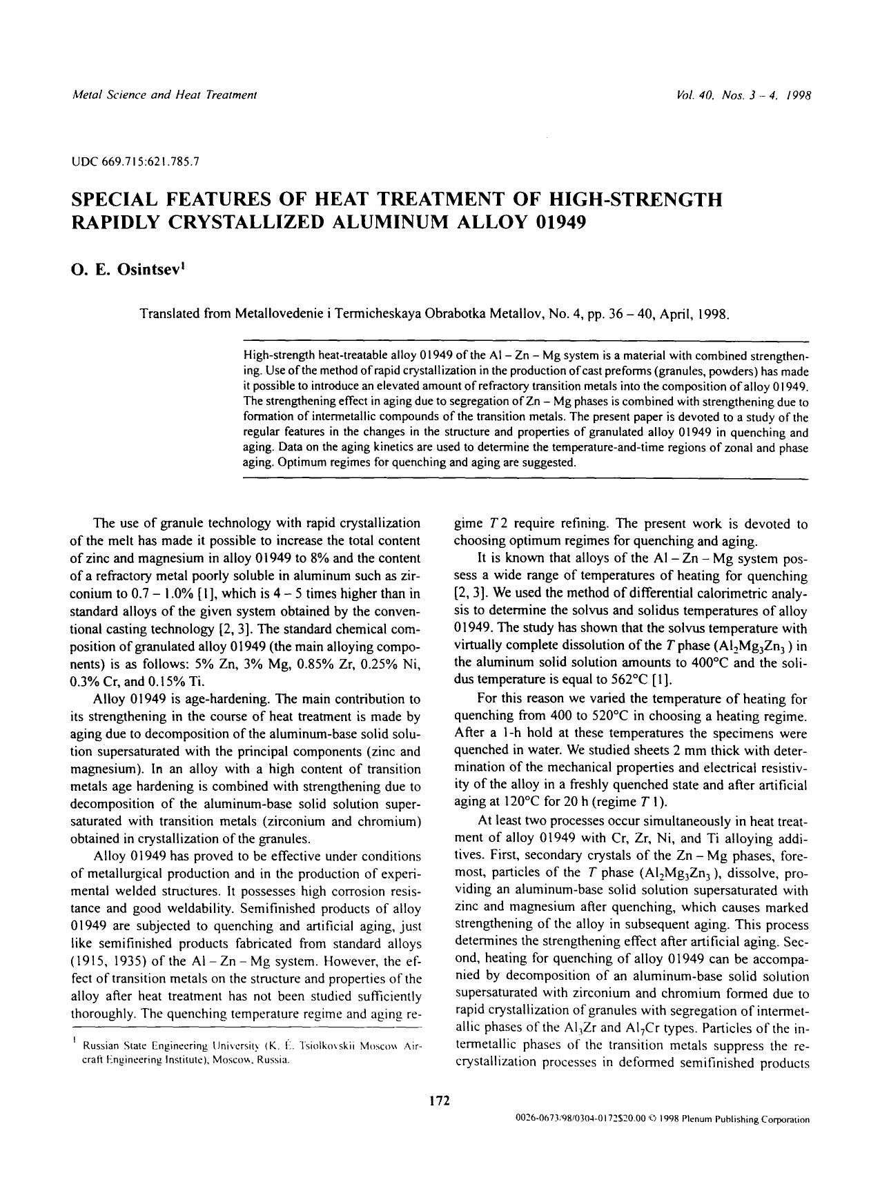 Special features of heat treatment of high-strength rapidly crystallized aluminum alloy 01949 by Unknown