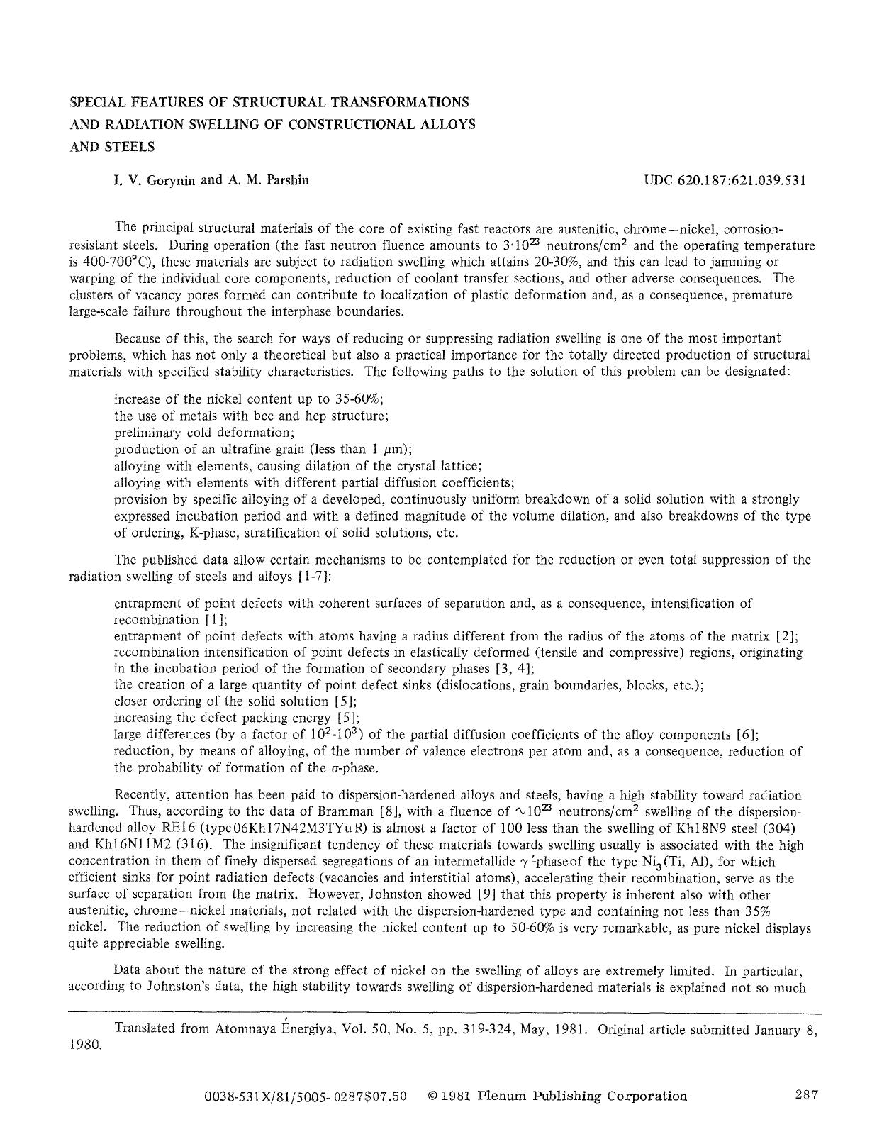 Special features of structural transformations and radiation swelling of constructional alloys and steels by Unknown