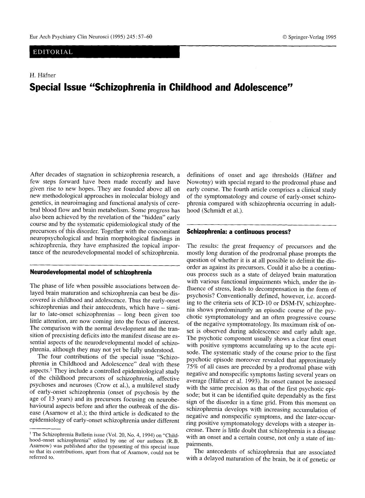 Special issue “Schizophrenia in Childhood and Adolescence” by Unknown