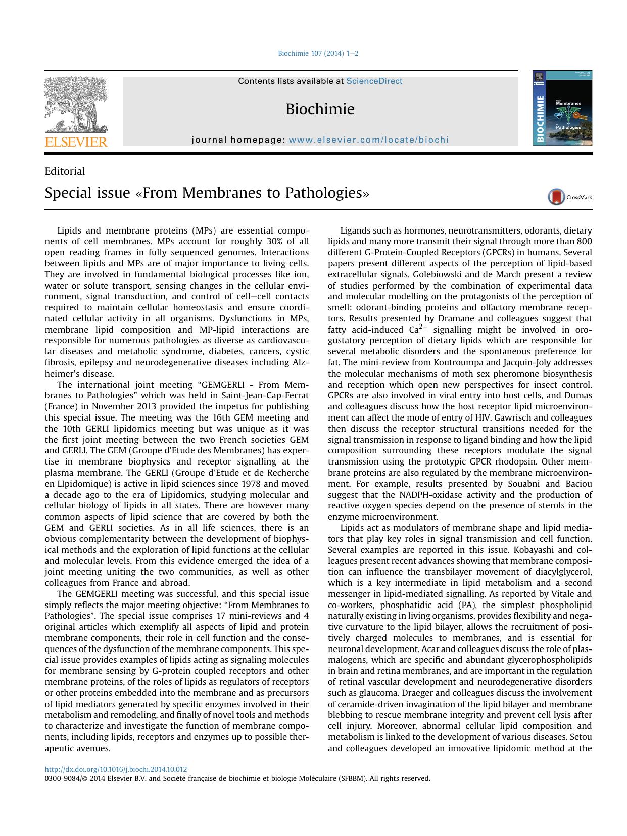 Special issue &laquo;From Membranes to Pathologies&raquo; by Isabelle Mus-Veteau & Gérard Lambeau