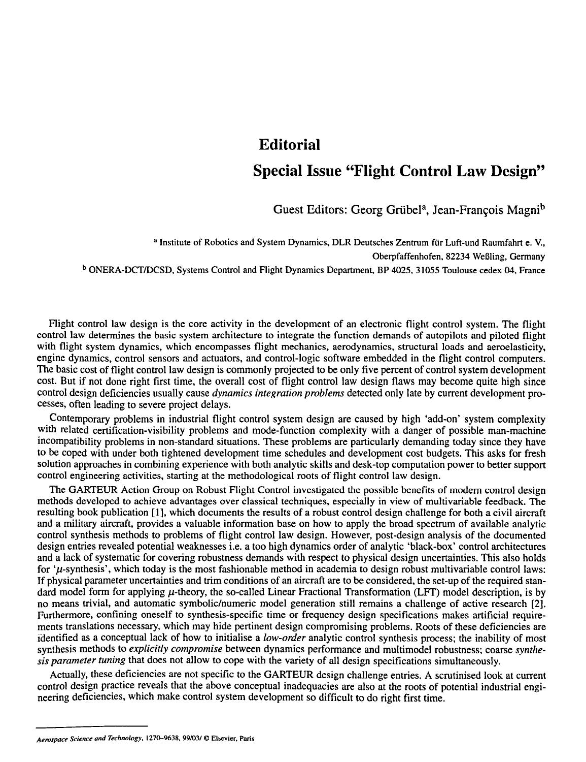 Special issue âFlight control law designâ by Georg Grübel Guest Editor; Jean-François Magni Guest Editor