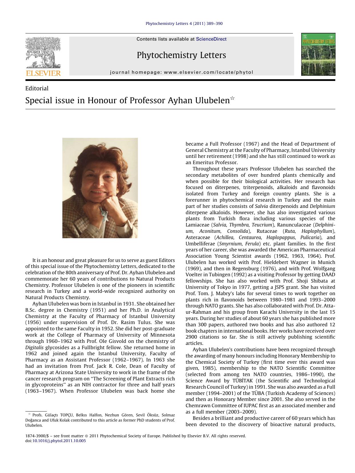 Special issue in Honour of Professor Ayhan Ulubelen by GÃ¼laÃ§tÄ± TopÃ§u Guest Editor
