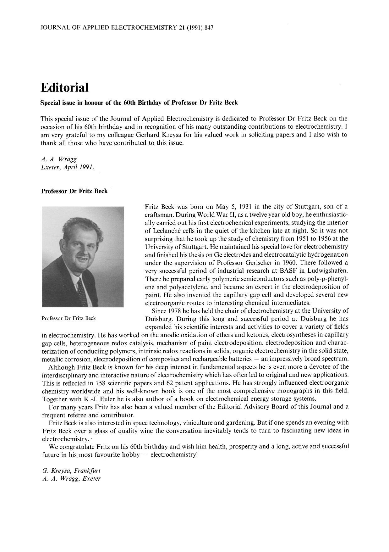 Special issue in honour of the 60th birthday of Professor Dr Fritz Beck by Unknown