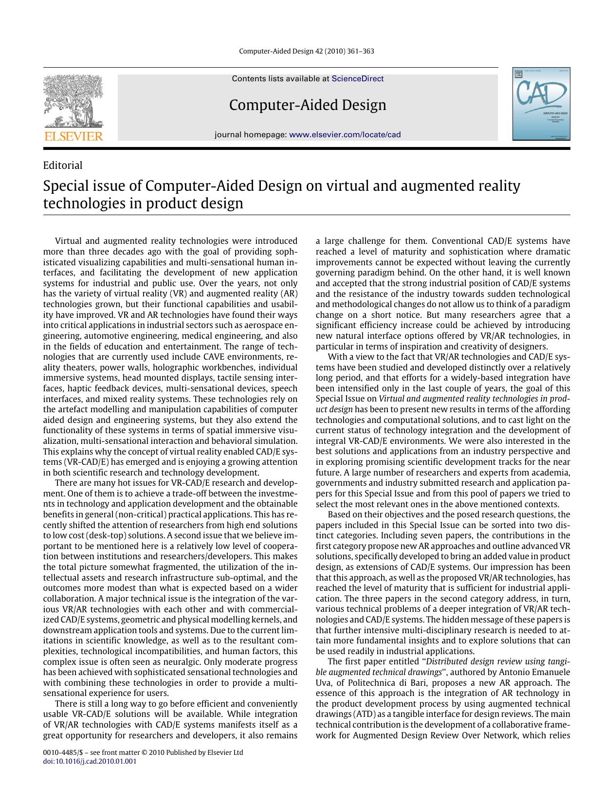 Special issue of Computer-Aided Design on virtual and augmented reality technologies in product design by Doru Talaba Guest Editor; Imre Horváth Guest Editor; Kwan H. Lee