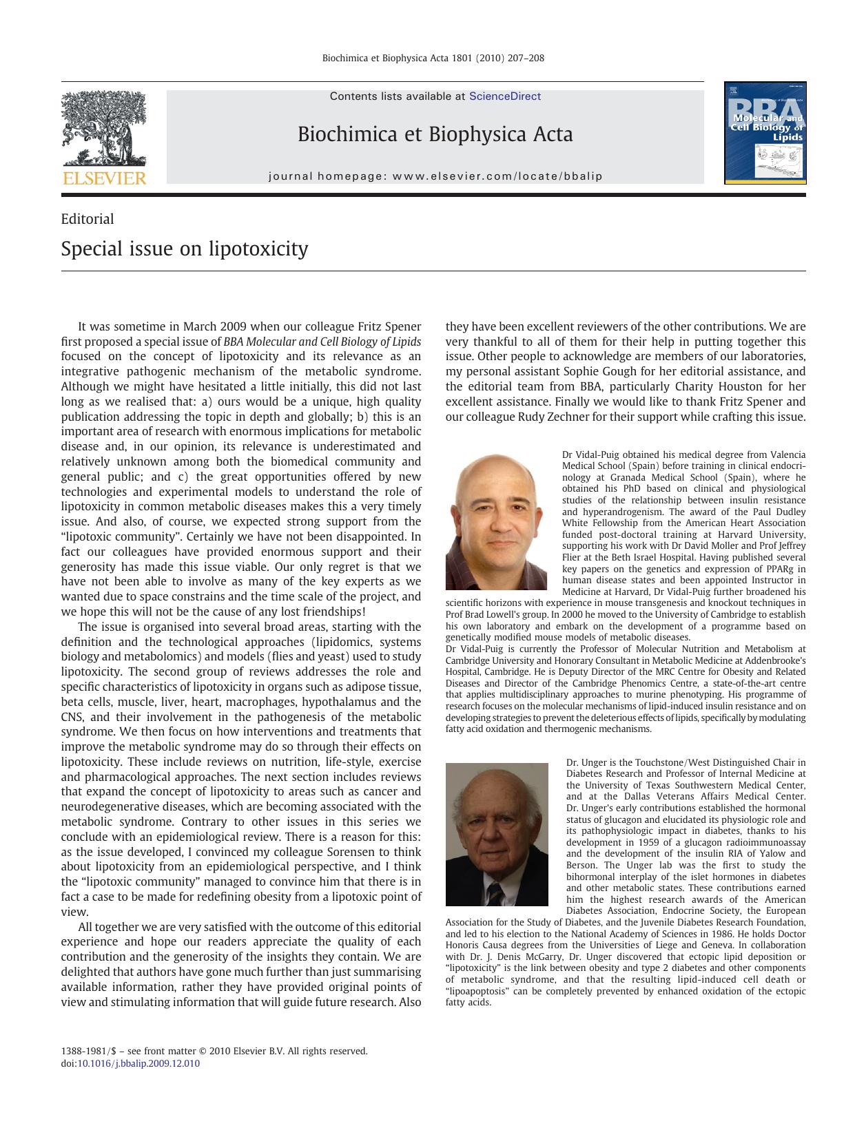 Special issue on lipotoxicity by A. Vidal-Puig; Roger H. Unger