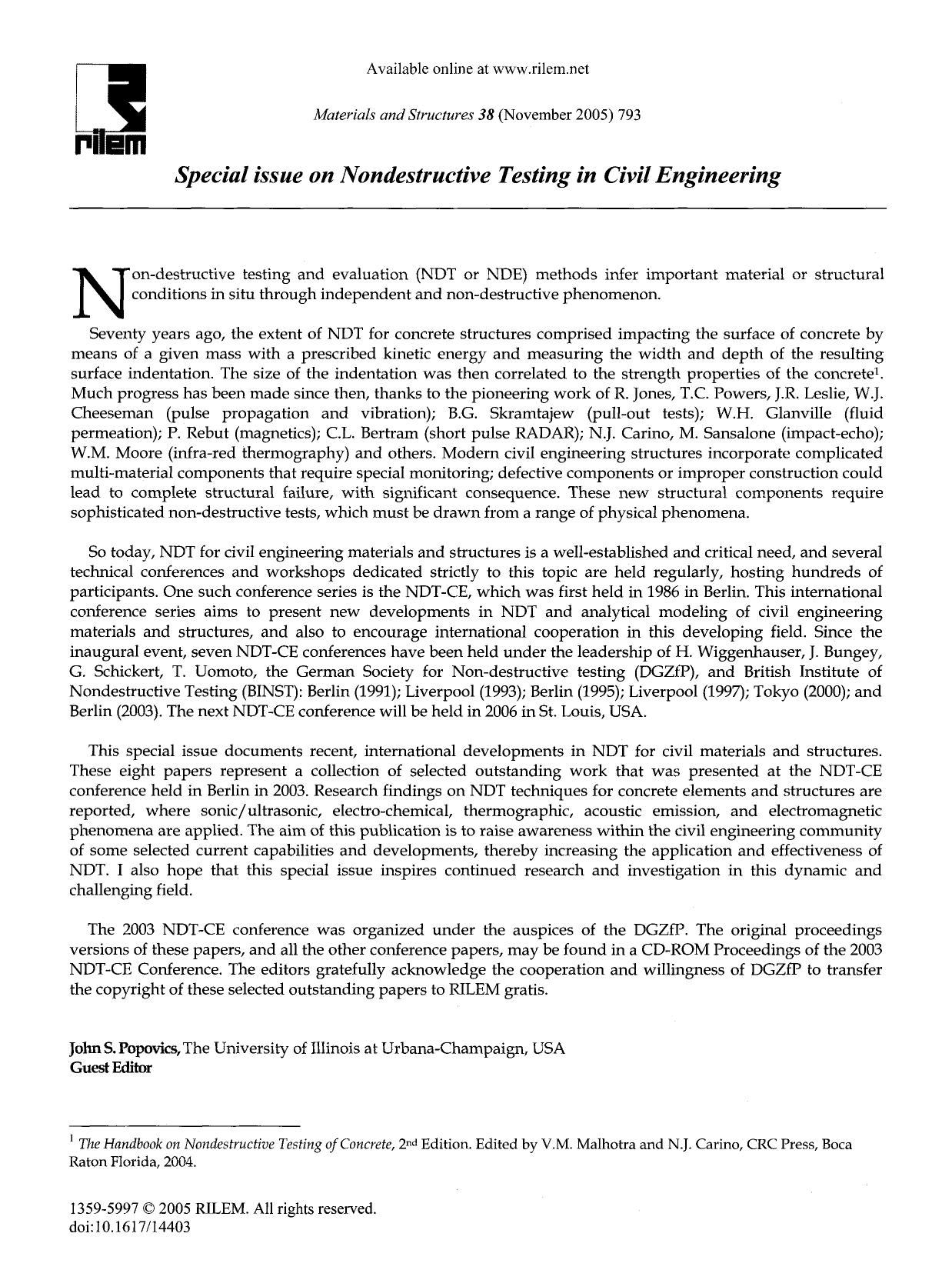 Special issue on nondestructive testing in civil engineering by Unknown