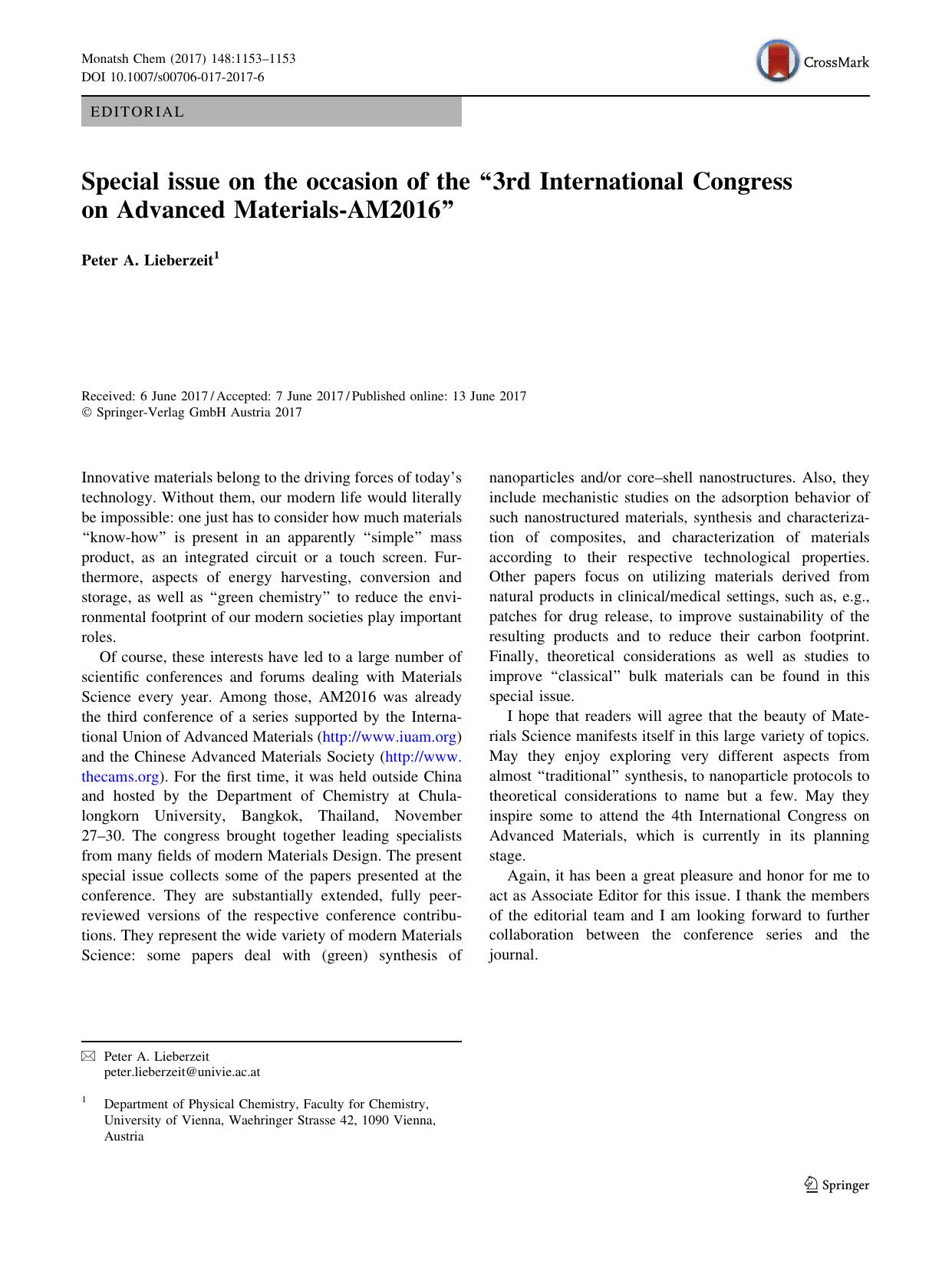 Special issue on the occasion of the â3rd International Congress on Advanced Materials-AM2016â by Peter A. Lieberzeit