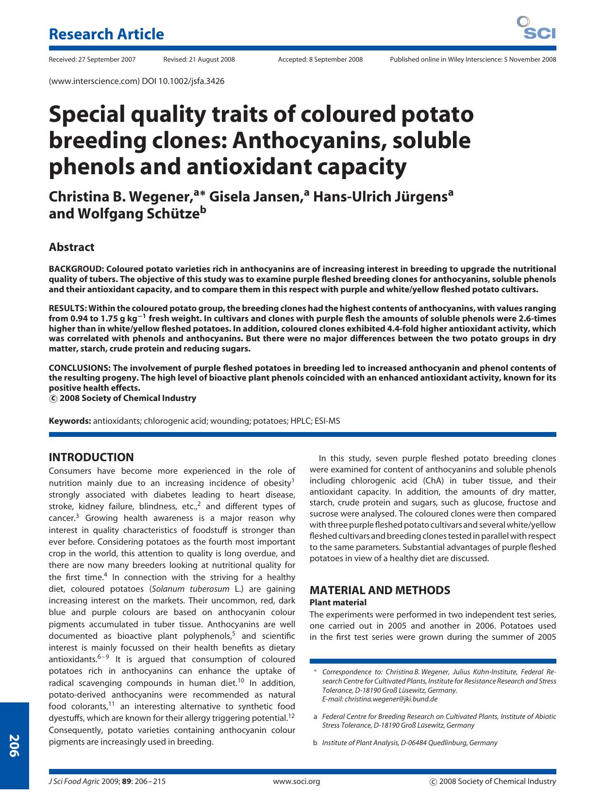 Special quality traits of coloured potato breeding clones: Anthocyanins, soluble phenols and antioxidant capacity by Unknown