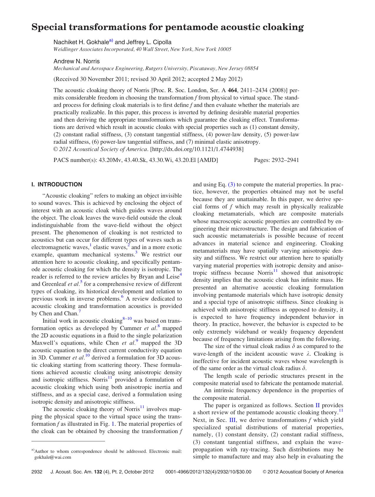 Special transformations for pentamode acoustic cloaking by Nachiket H. Gokhalea) Jeffrey L. Cipolla and Andrew N. Norris