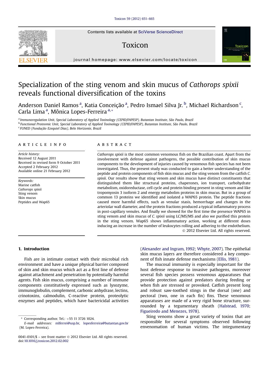 Specialization of the sting venom and skin mucus of Cathorops spixii reveals functional diversification of the toxins by unknow